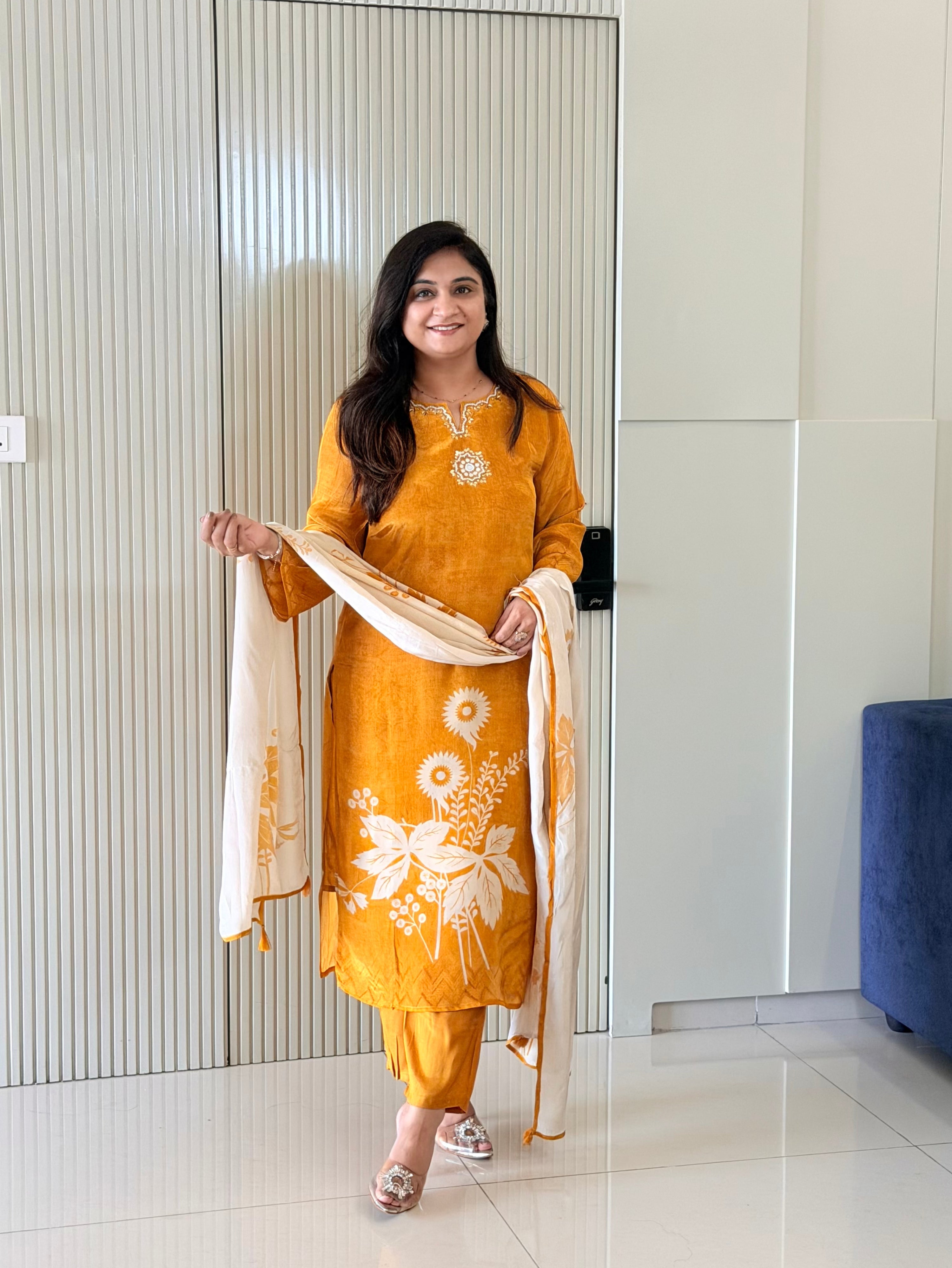 Palak Yellow Crepe HandEmbroidered Pant Set