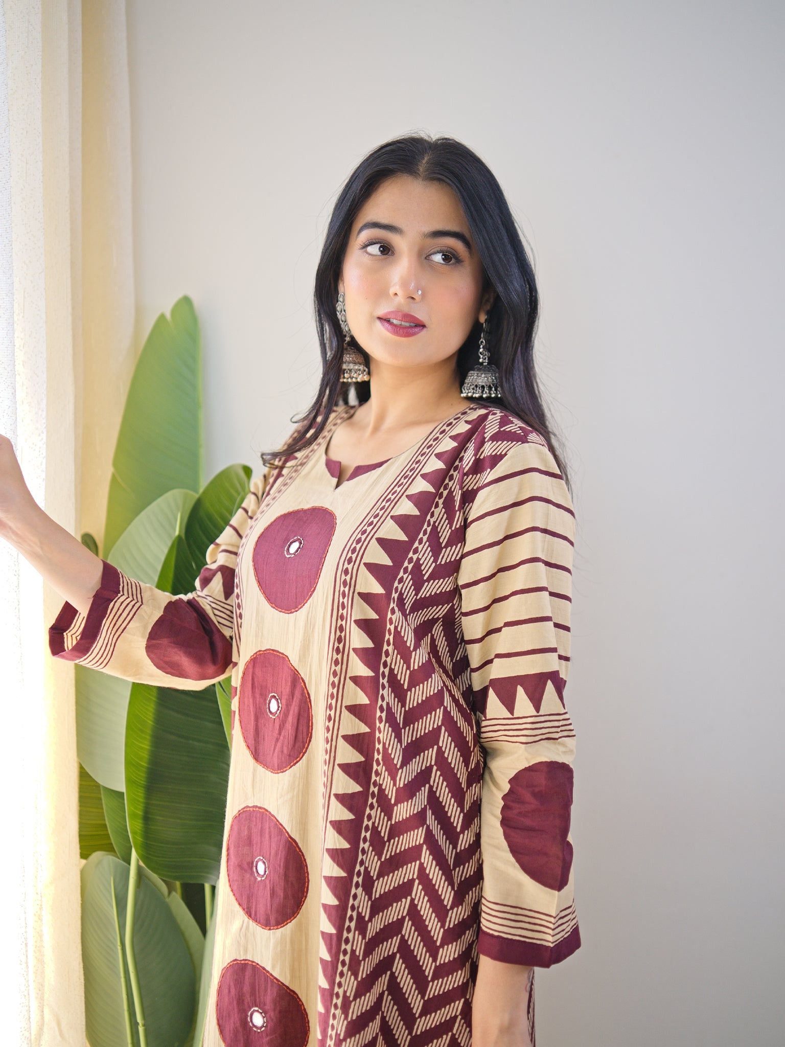 Harshi Wine Cotton Ajrakh Katha Detailed Dupatta Set