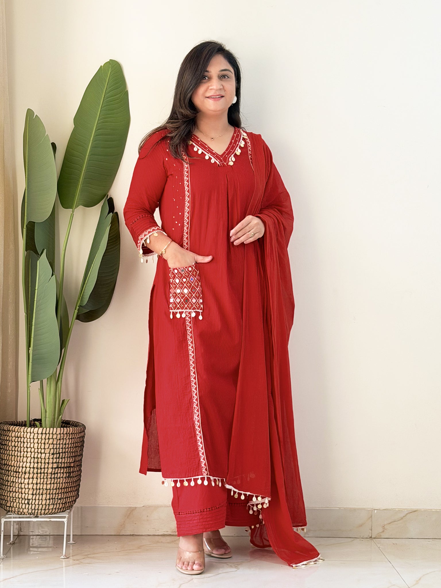 Avanti Red Premium Cotton HandEmbroidered Dupatta Set