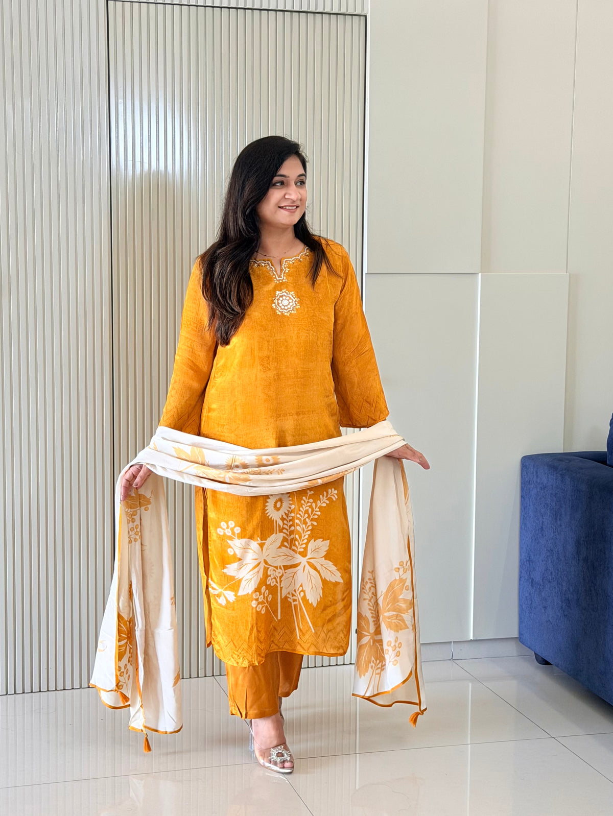 Palak Yellow Crepe HandEmbroidered Pant Set