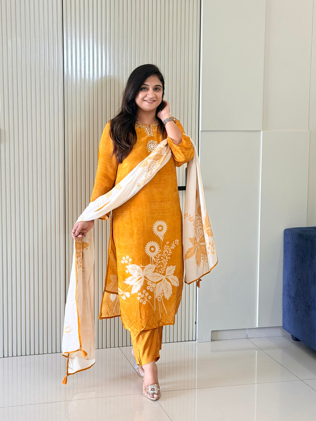 Palak Yellow Crepe HandEmbroidered Pant Set
