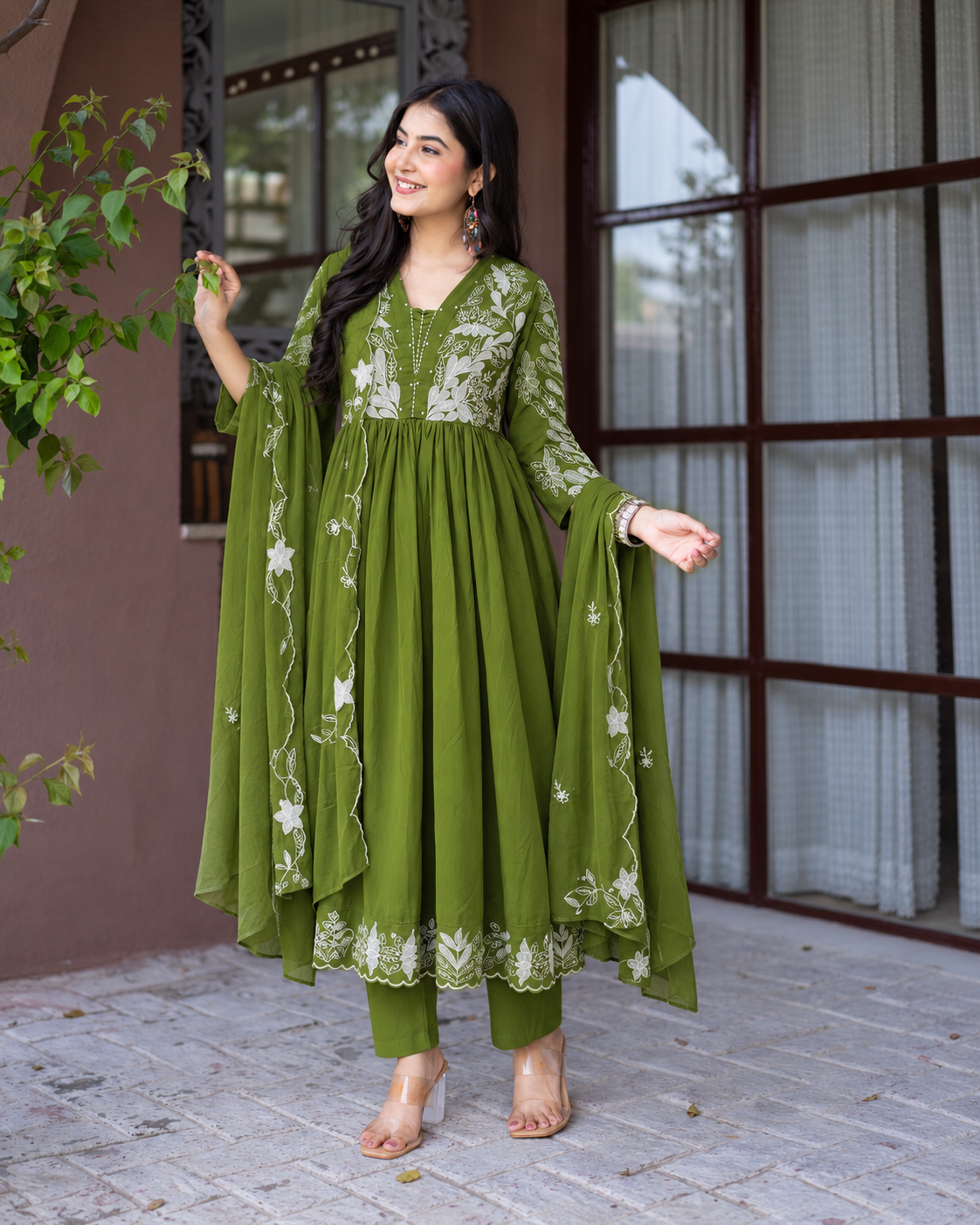Ruksaar Green Mul Cotton Embroidered A-line Dupatta Set