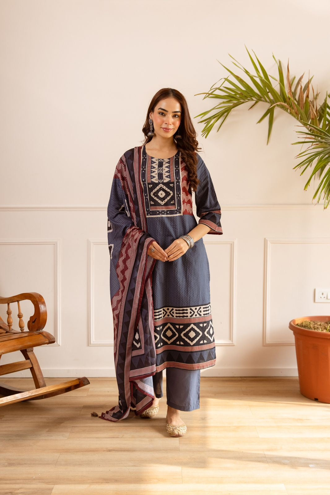 Gehna Blue Cotton Casual Embroidered Dupatta Set