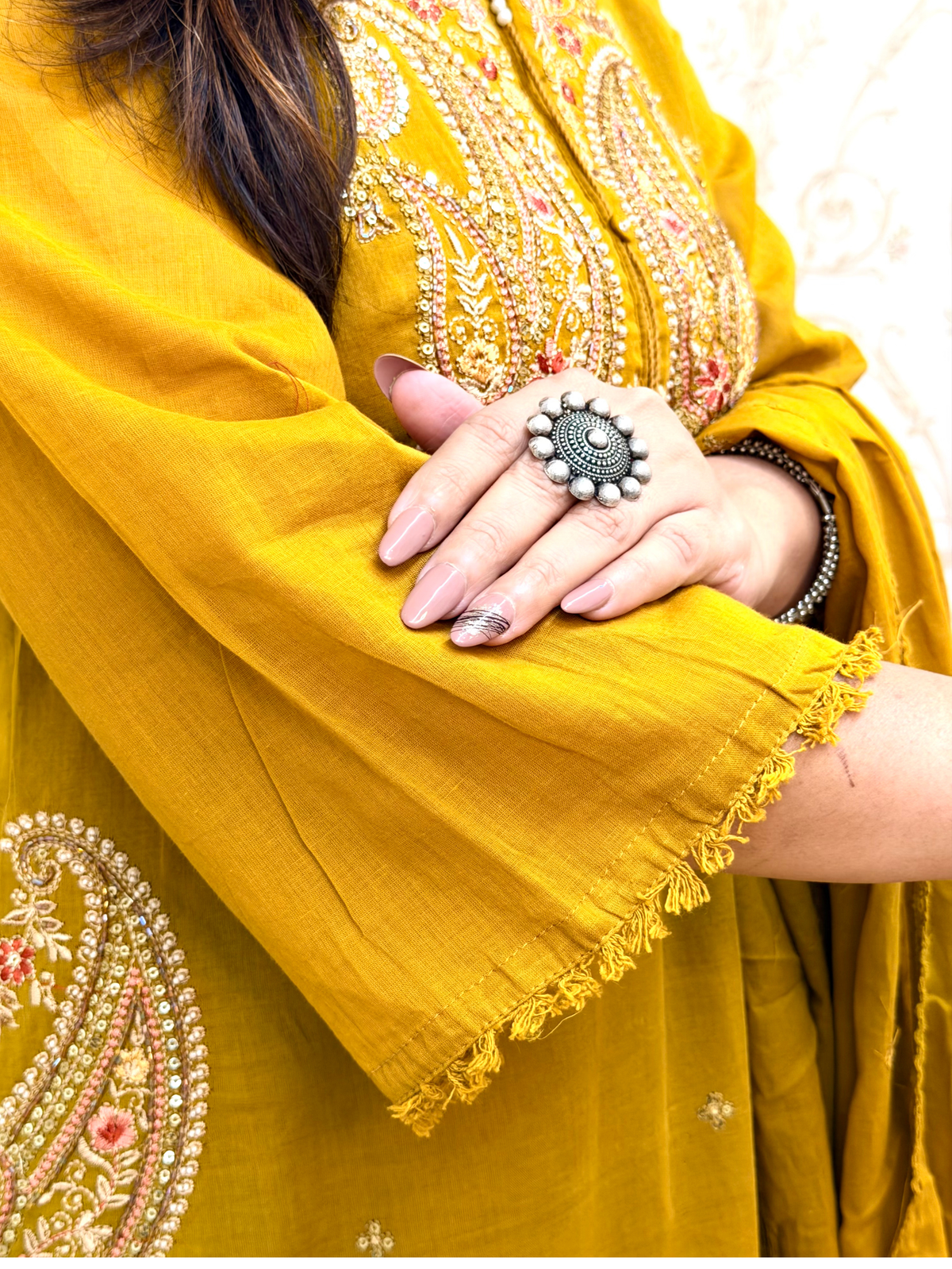 Sufi Mustard Mul Cotton HandEmbroidered A-line Dupatta Set