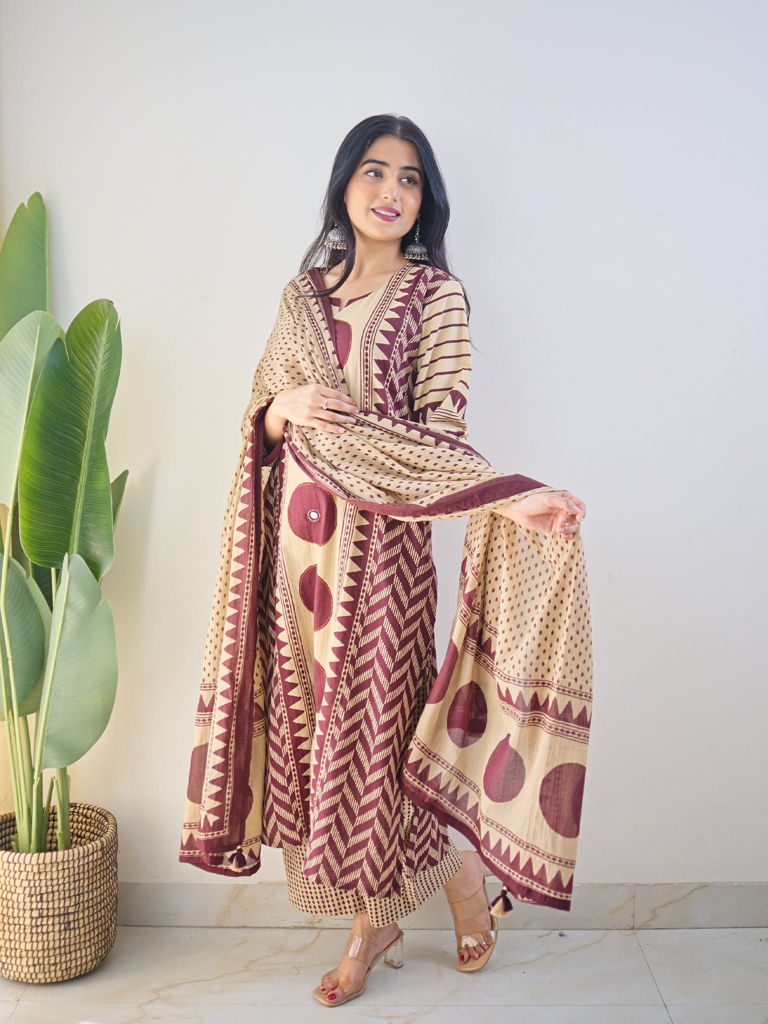Harshi Wine Cotton Ajrakh Katha Detailed Dupatta Set