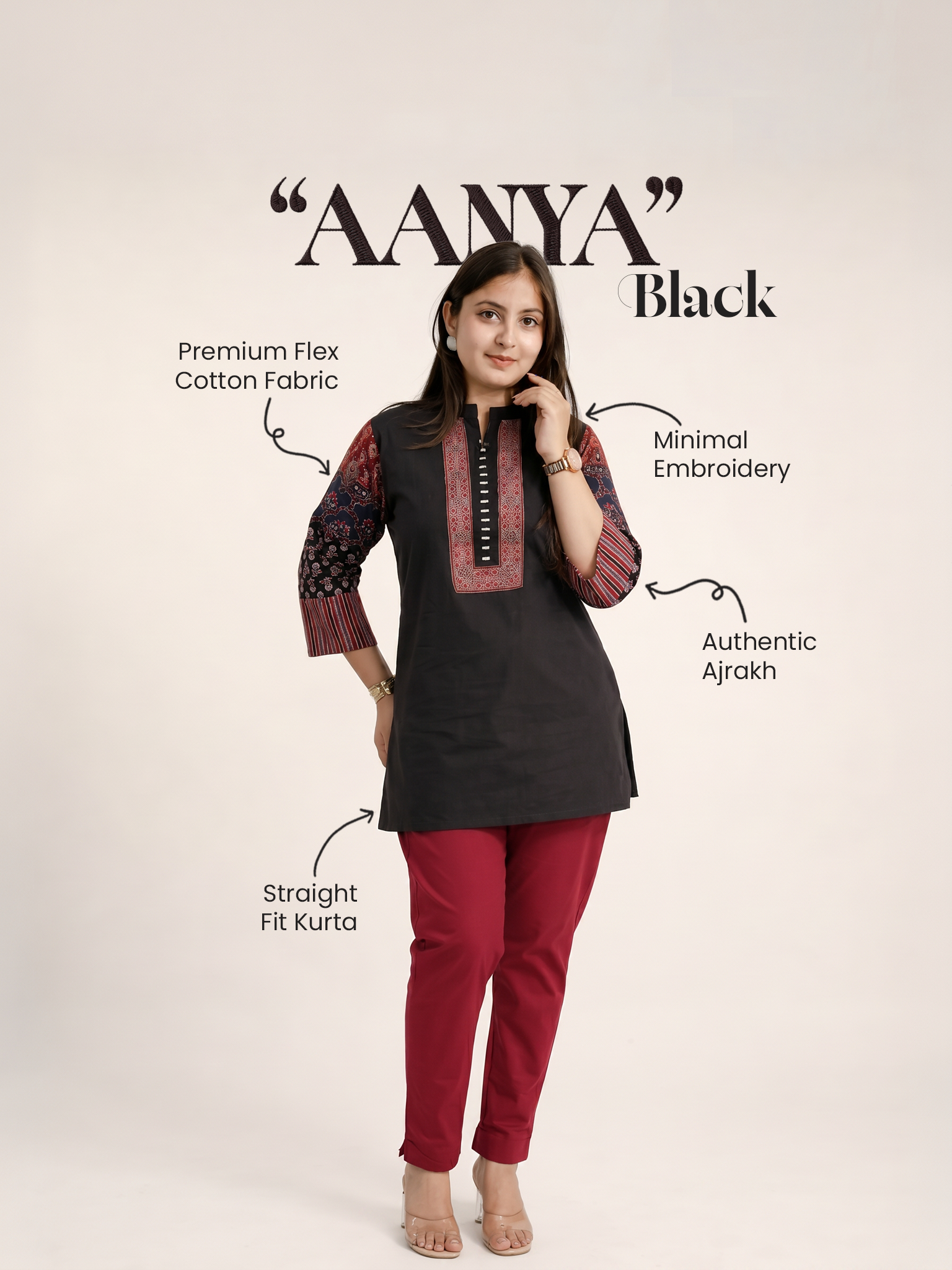 Aanya Black Cotton Ajrakh Emboidered Short Top