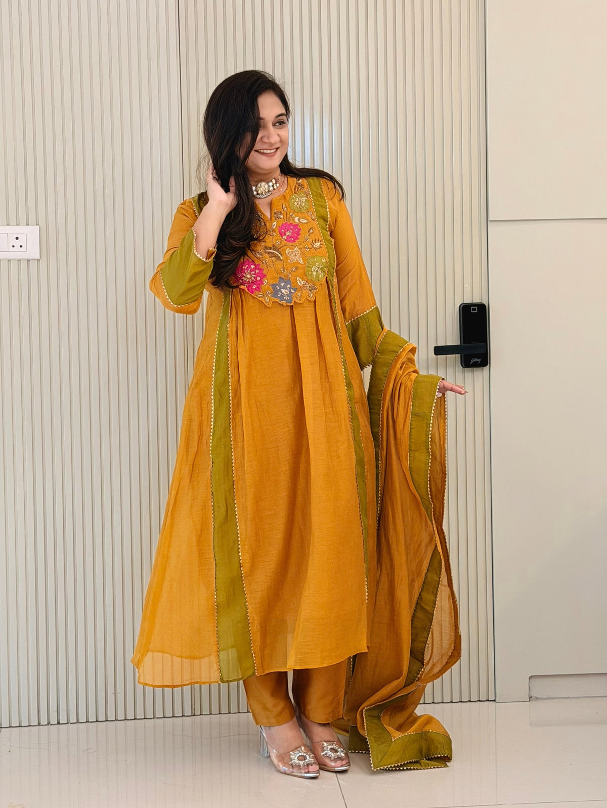 Sejal Yellow Mul Chanderi HandEmbroidered A-line Dupatta Set