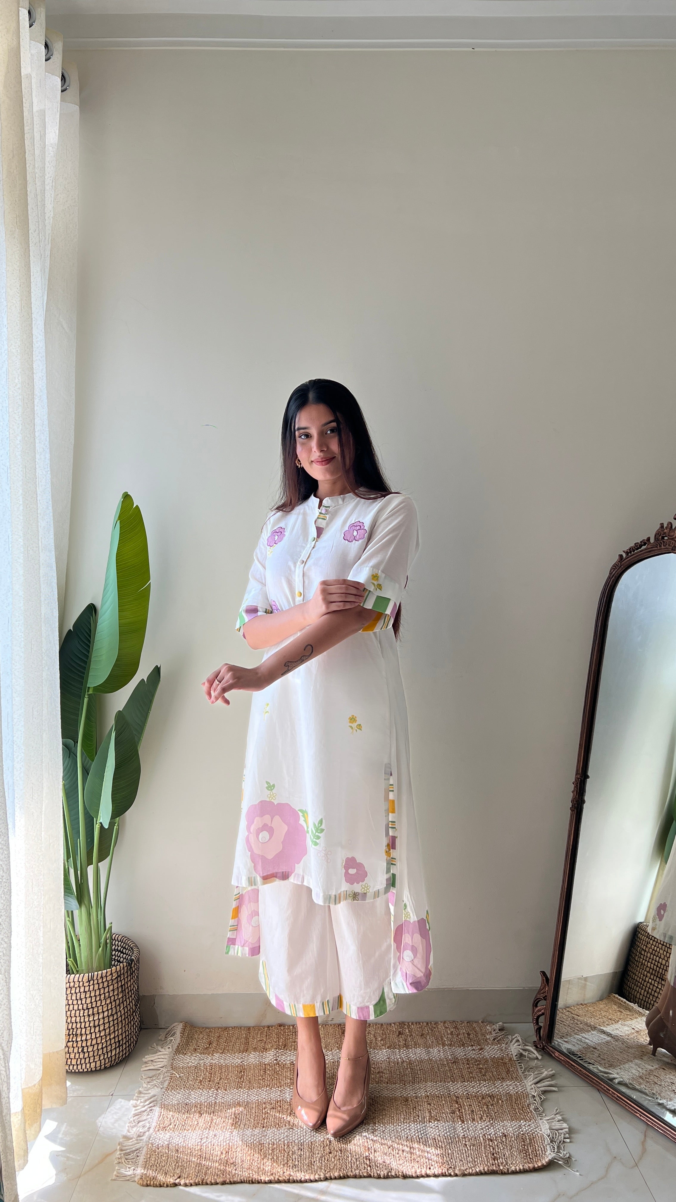 Jeena Mul Cotton Embroidered High Low Coord Set