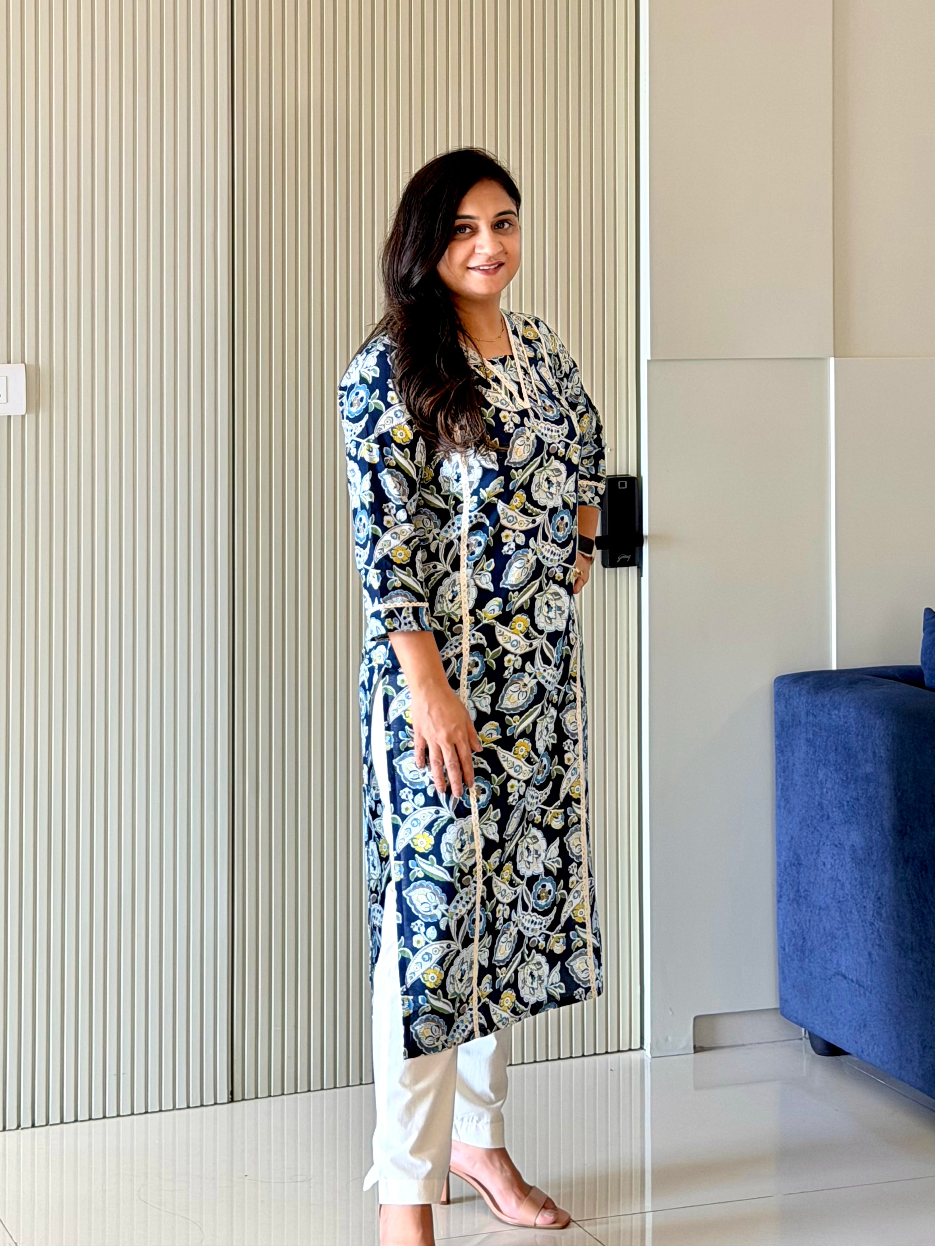 Fariha Navy Blue Cotton Floral Casual Straight Kurta