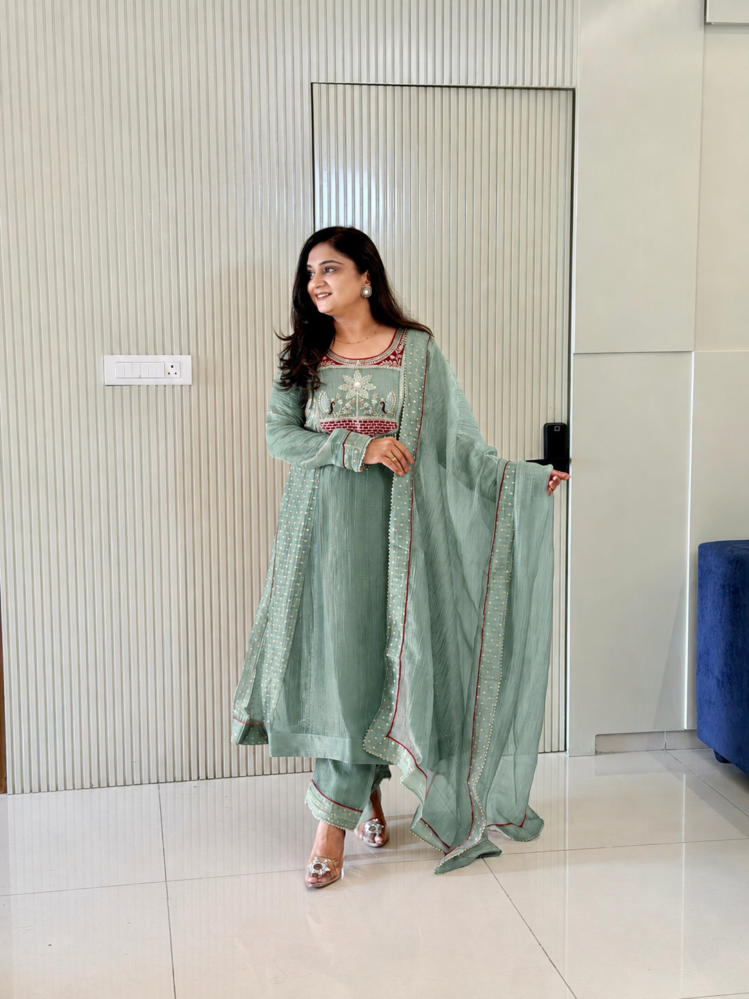 Rehana Green Shimmer Tissue Embroidered Anarkali Dupatta Set