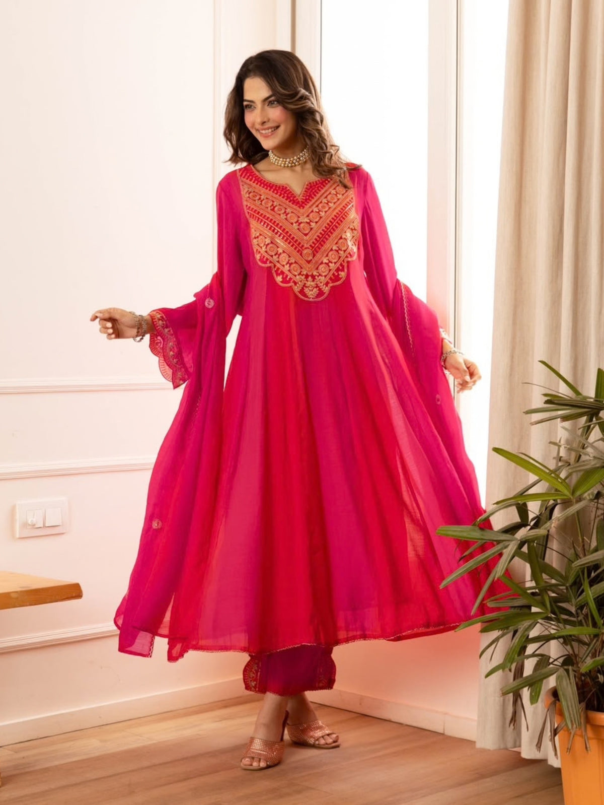 Zola Pink Mul Chanderi Embroidered A-line Dupatta Set