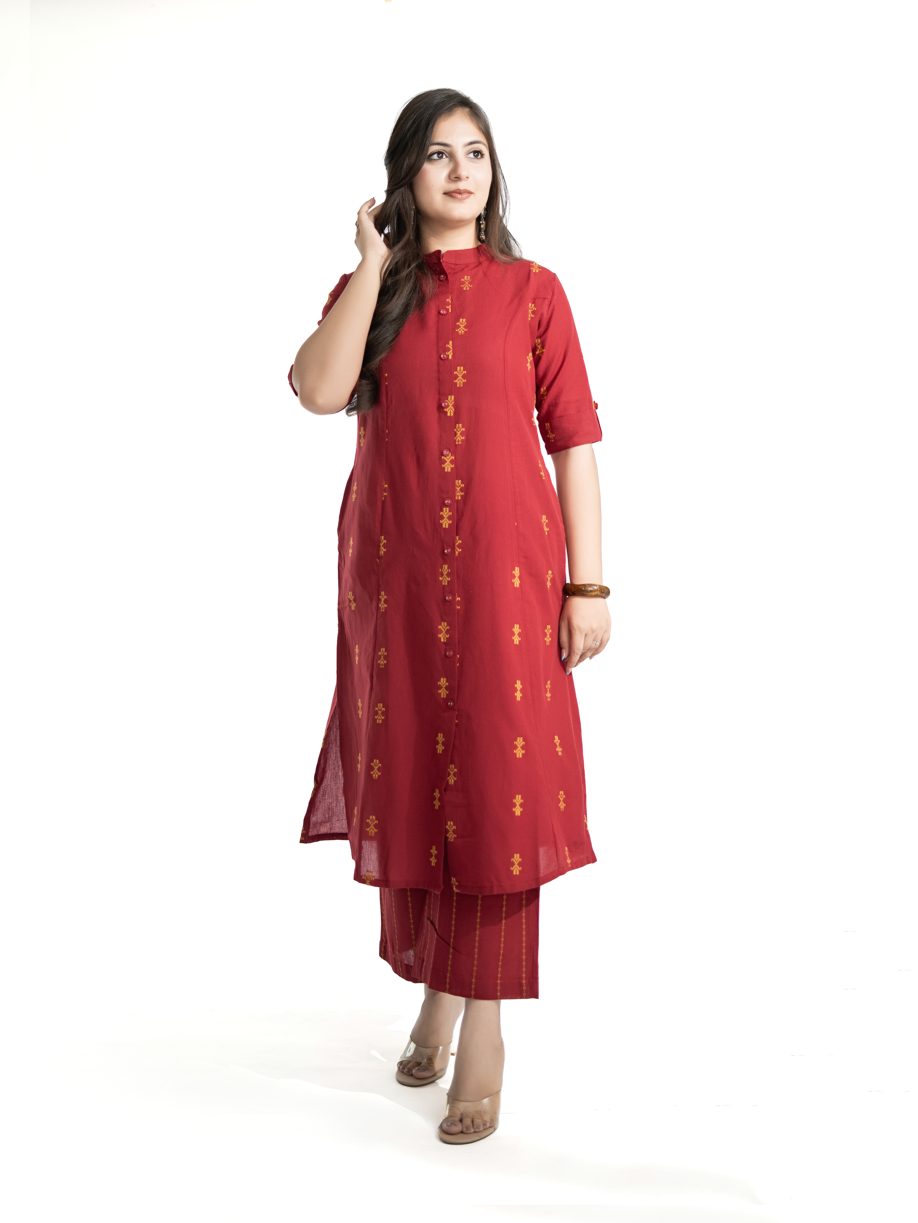 Dravya Maroon Handloom Cotton A-line Kurta Set