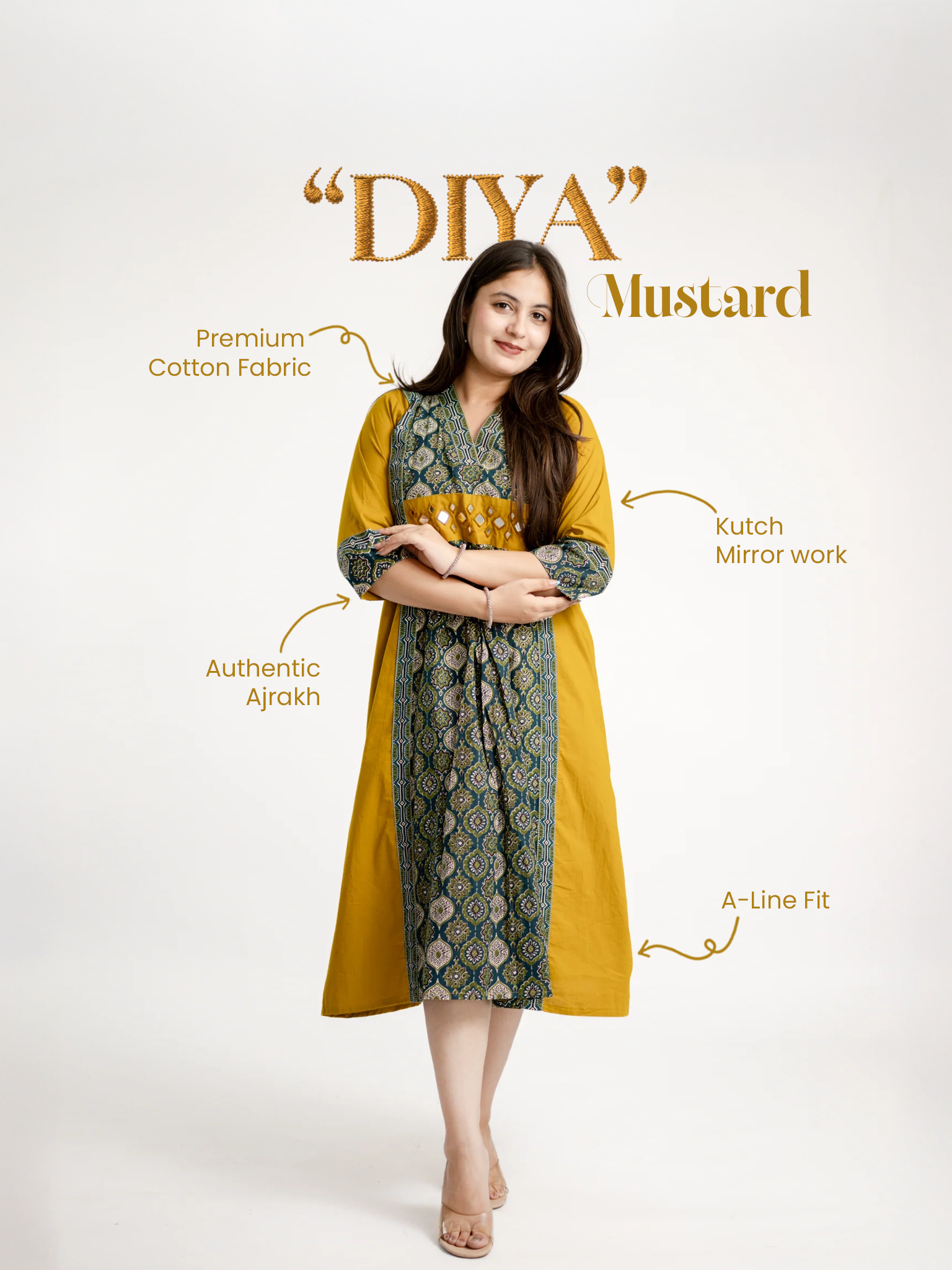 Diya Haldi Mustard Cotton Ajrakh Kutch Embroidered A-line Kurta