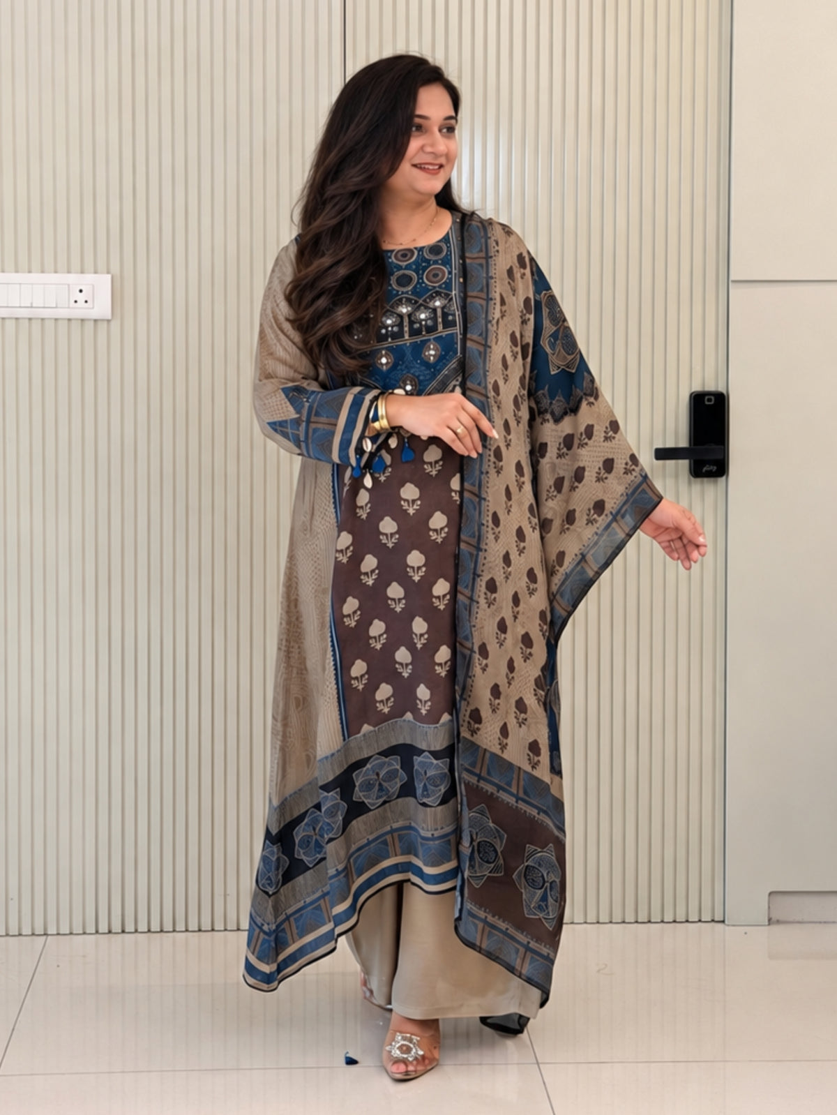Rusha Beige Natural Crape Asymmetric HandEmbroidered Dupatta Set