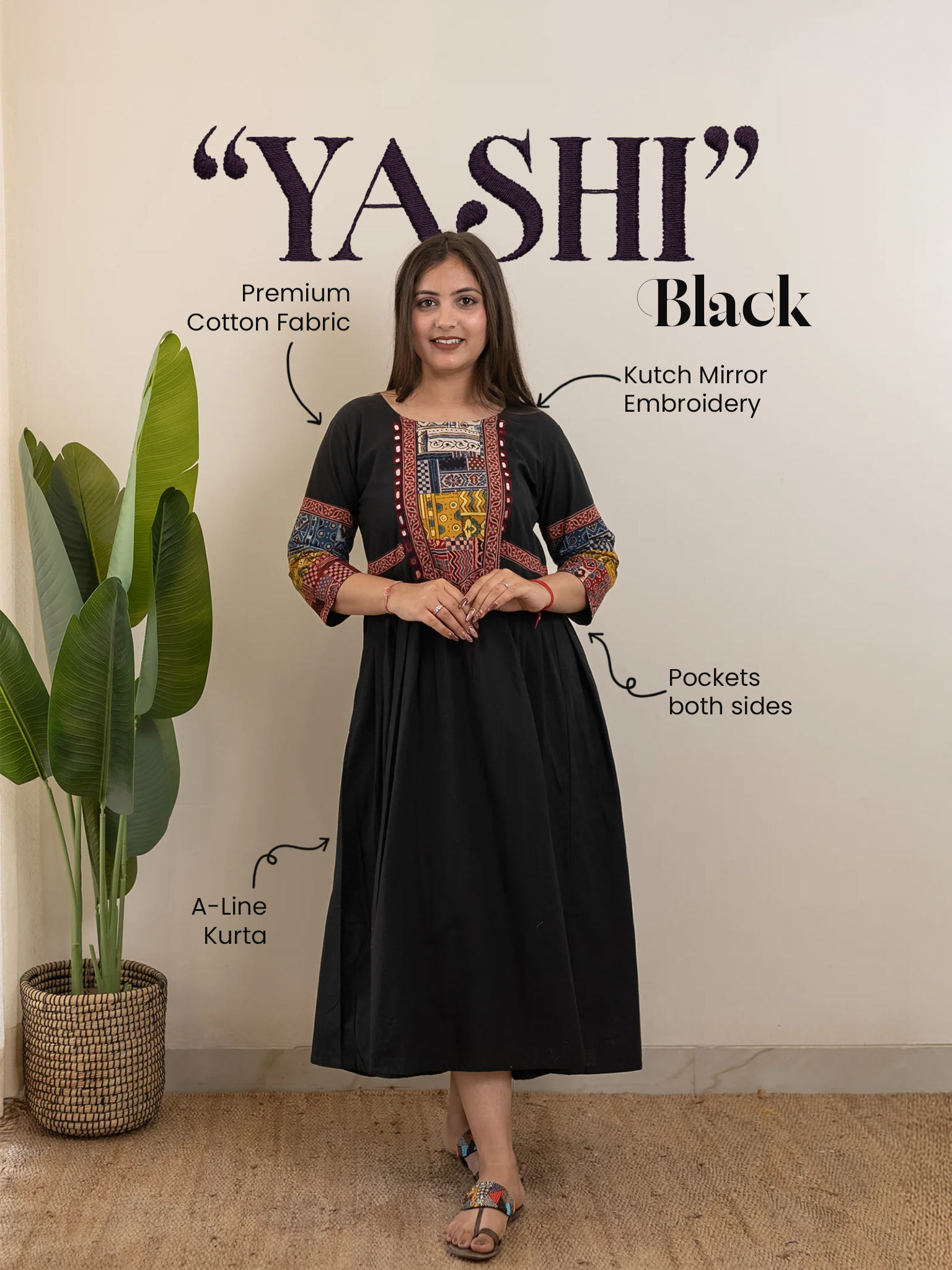 Yashi Black Cotton Ajrakh Embroidered A-line Kurta