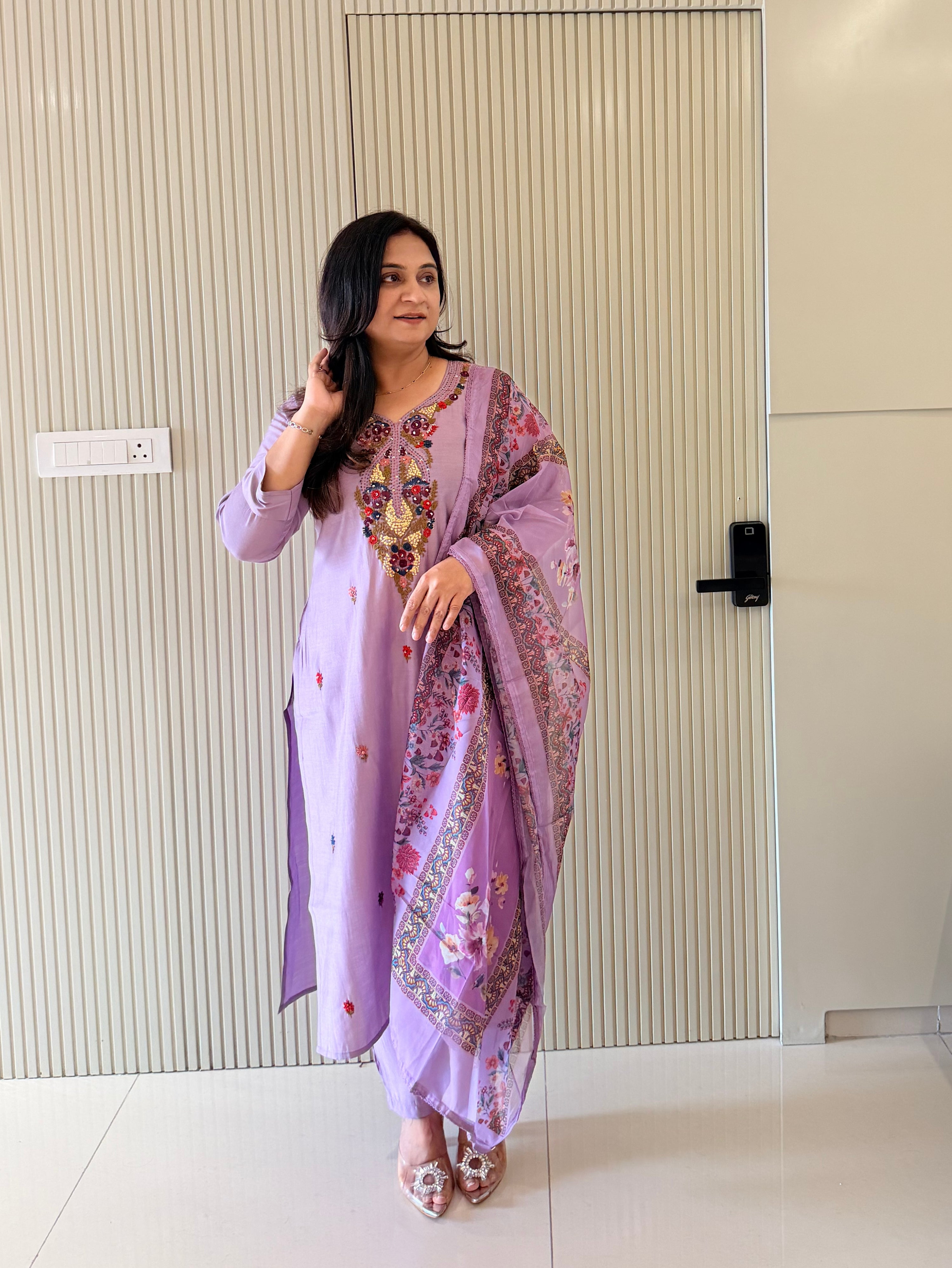 Rubina Lilac Modal Silk HandEmbroidered Dupatta Set