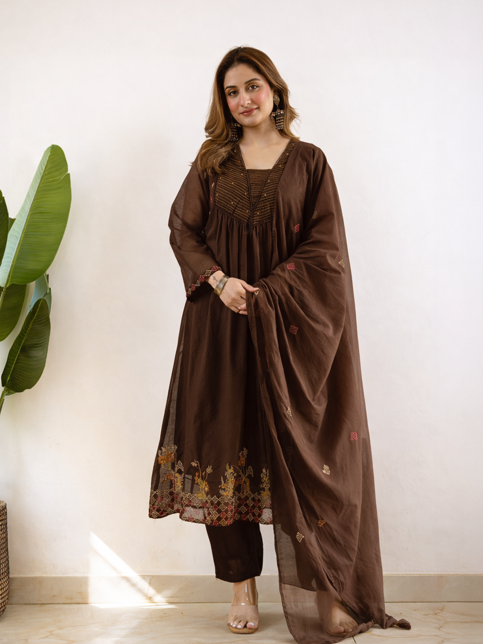 Ayla Brown Kota Doria Embroidered A-line Dupatta Set
