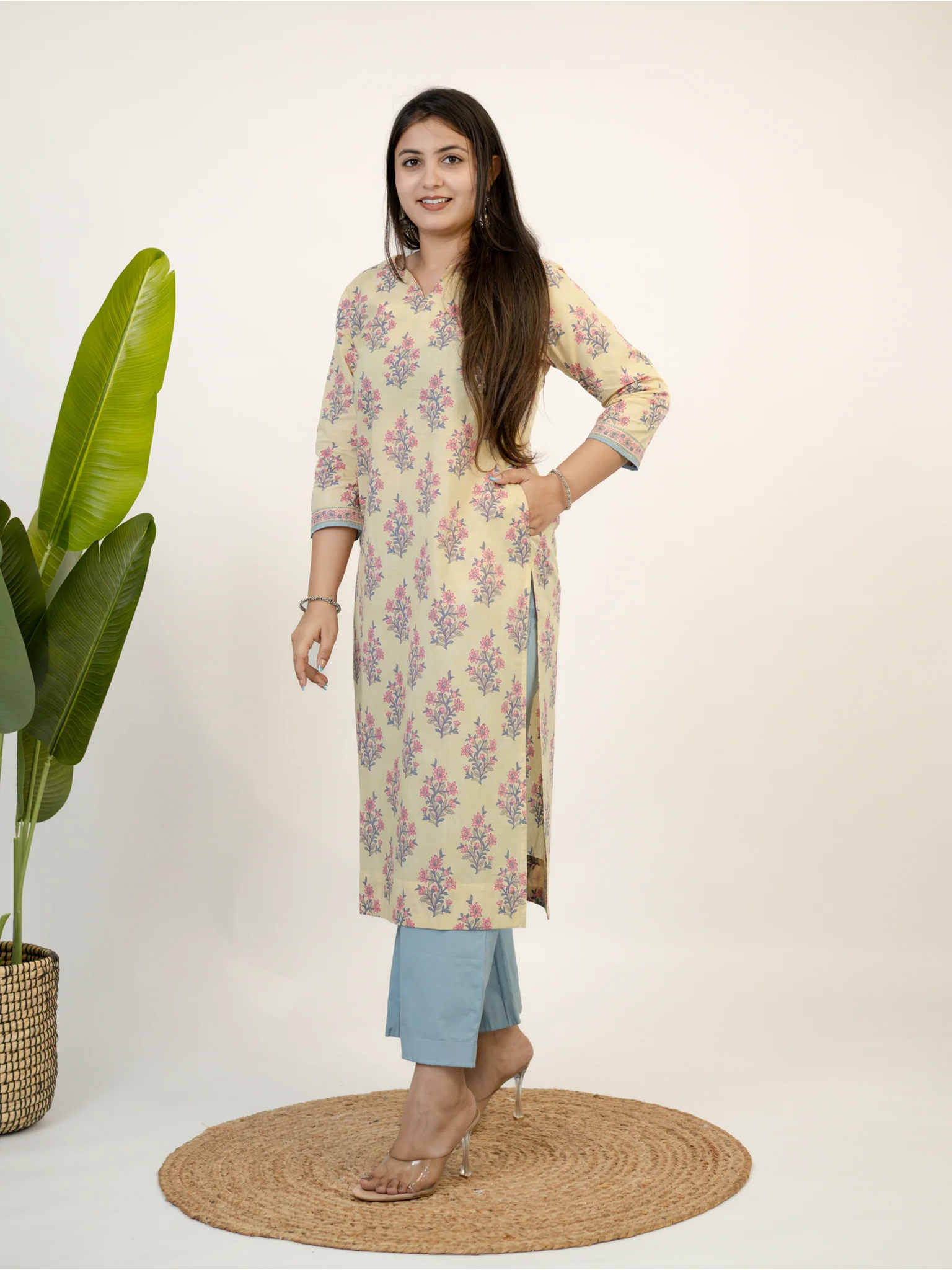 Hiba Yellow Gulbahar Floral Cotton Kurta Set