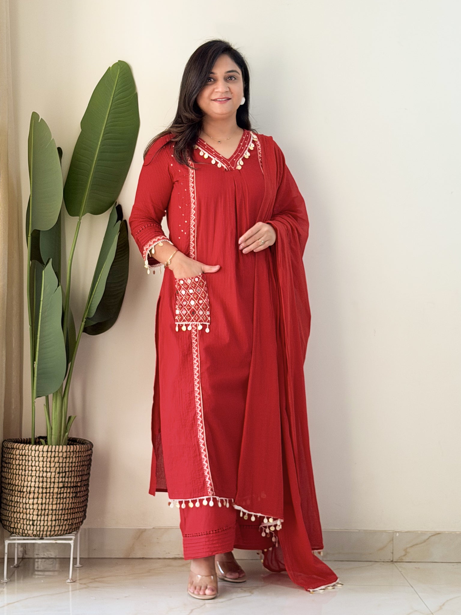 Avanti Red Premium Cotton HandEmbroidered Dupatta Set