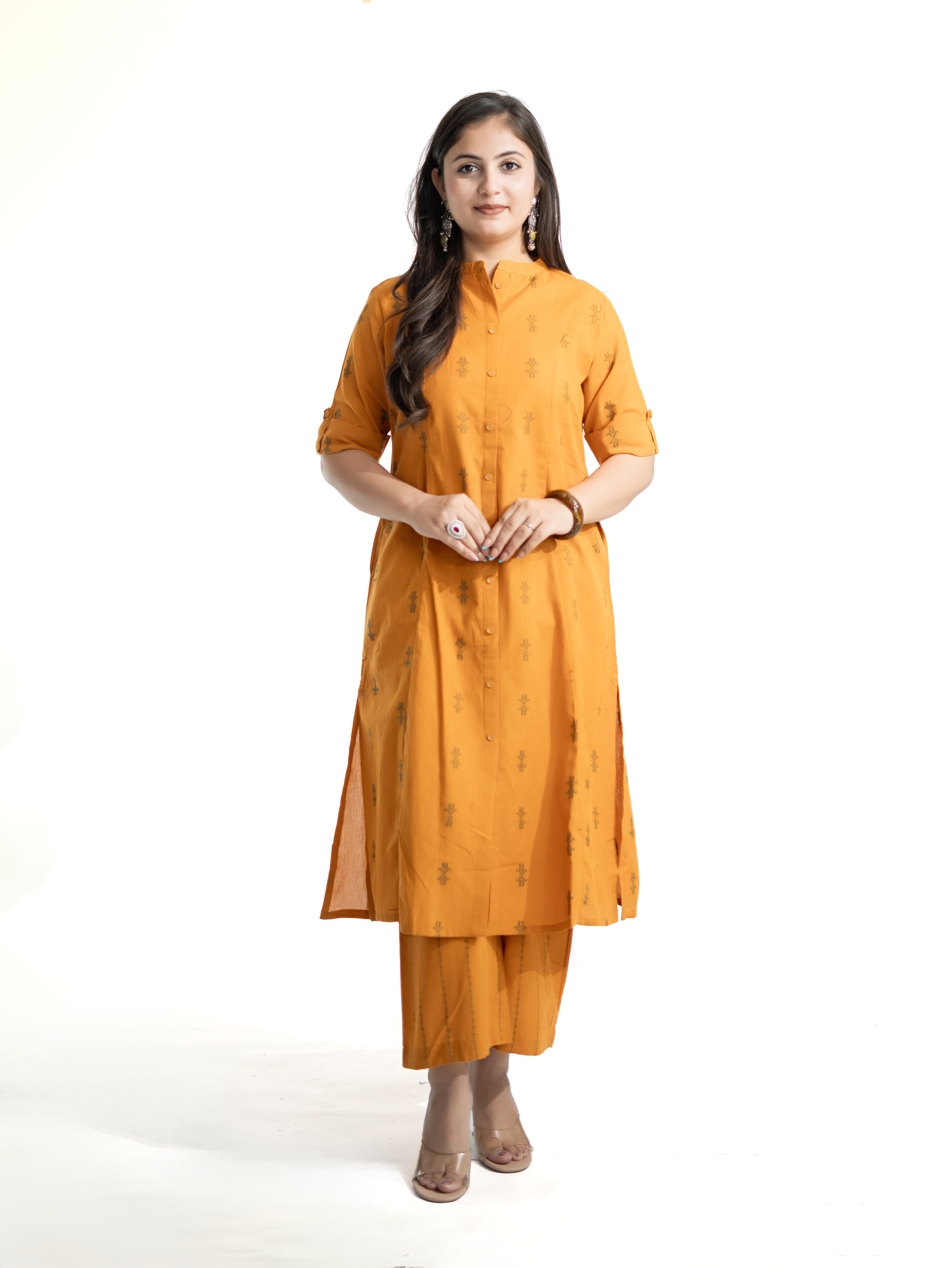 Dravya Mustard Handloom Cotton A-line Kurta Set