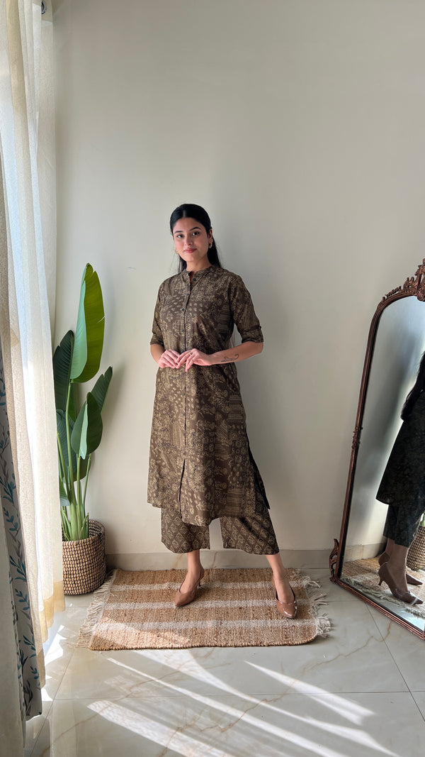 Leena Brown Ajrakh A-line Cotton Coord Set