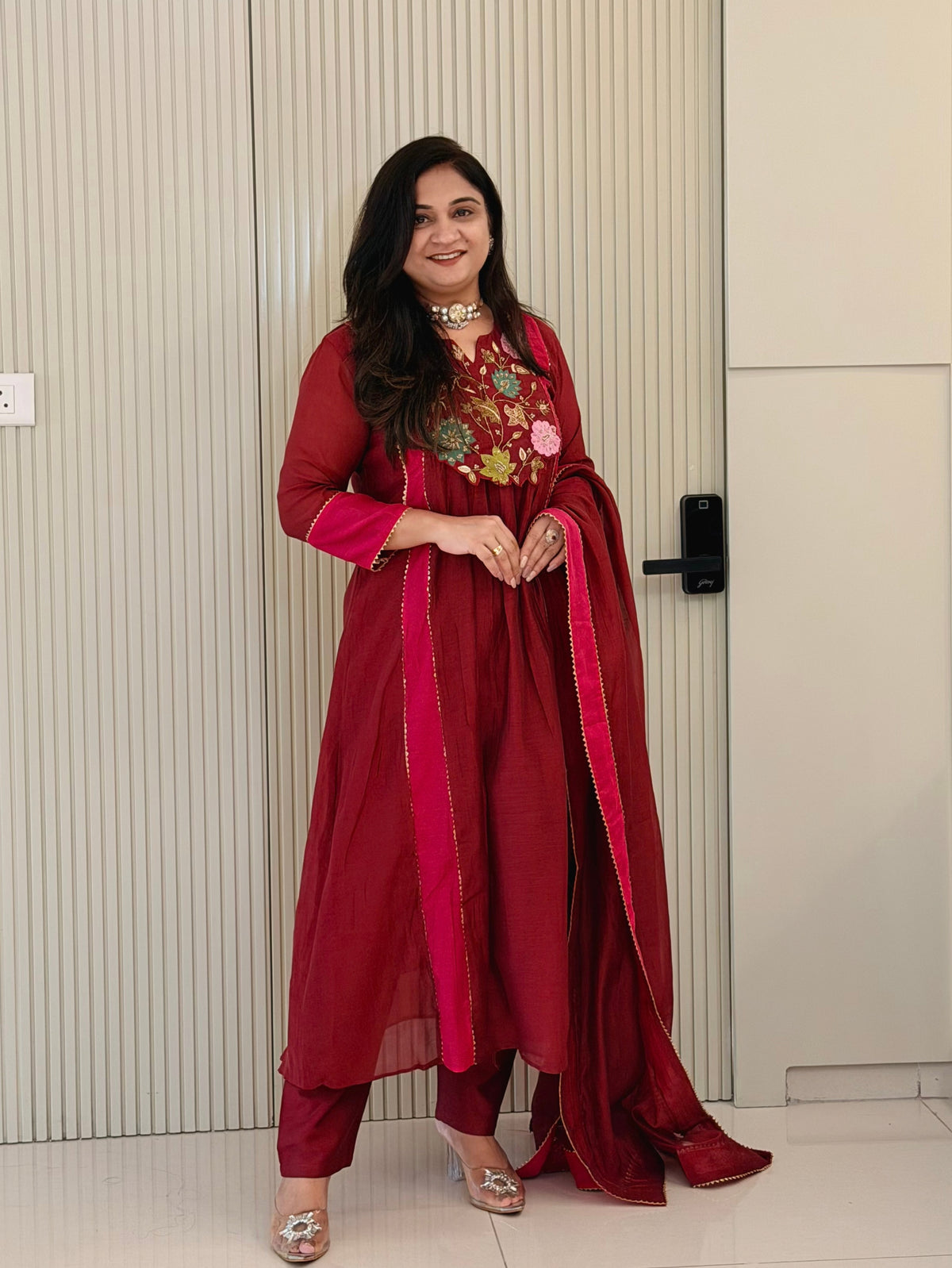 Sejal Mergenta Pink Mul Chanderi HandEmbroidered A-line Dupatta Set