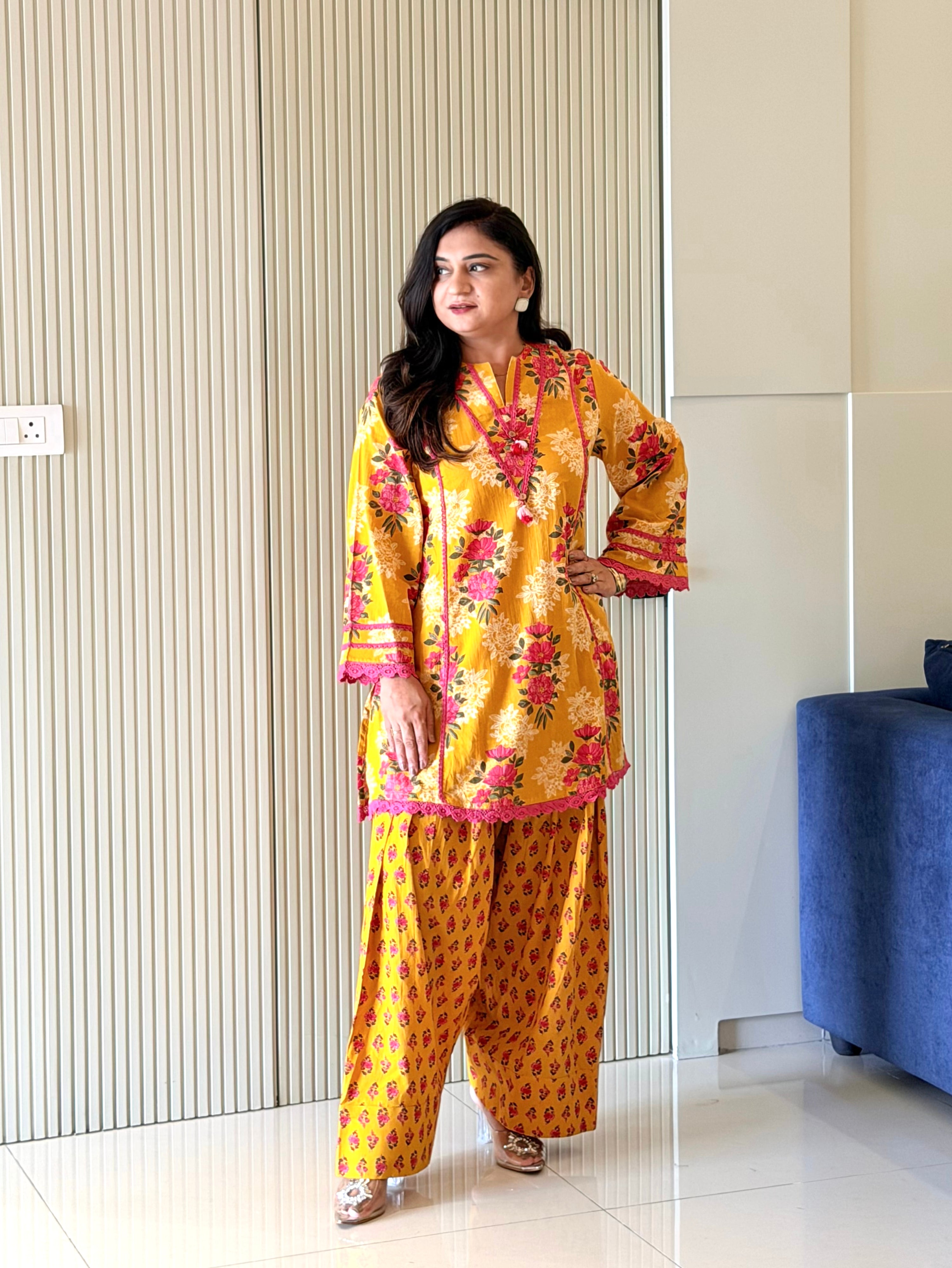Zubeda Yellow Cotton Floral A-line Farshi Coord Set