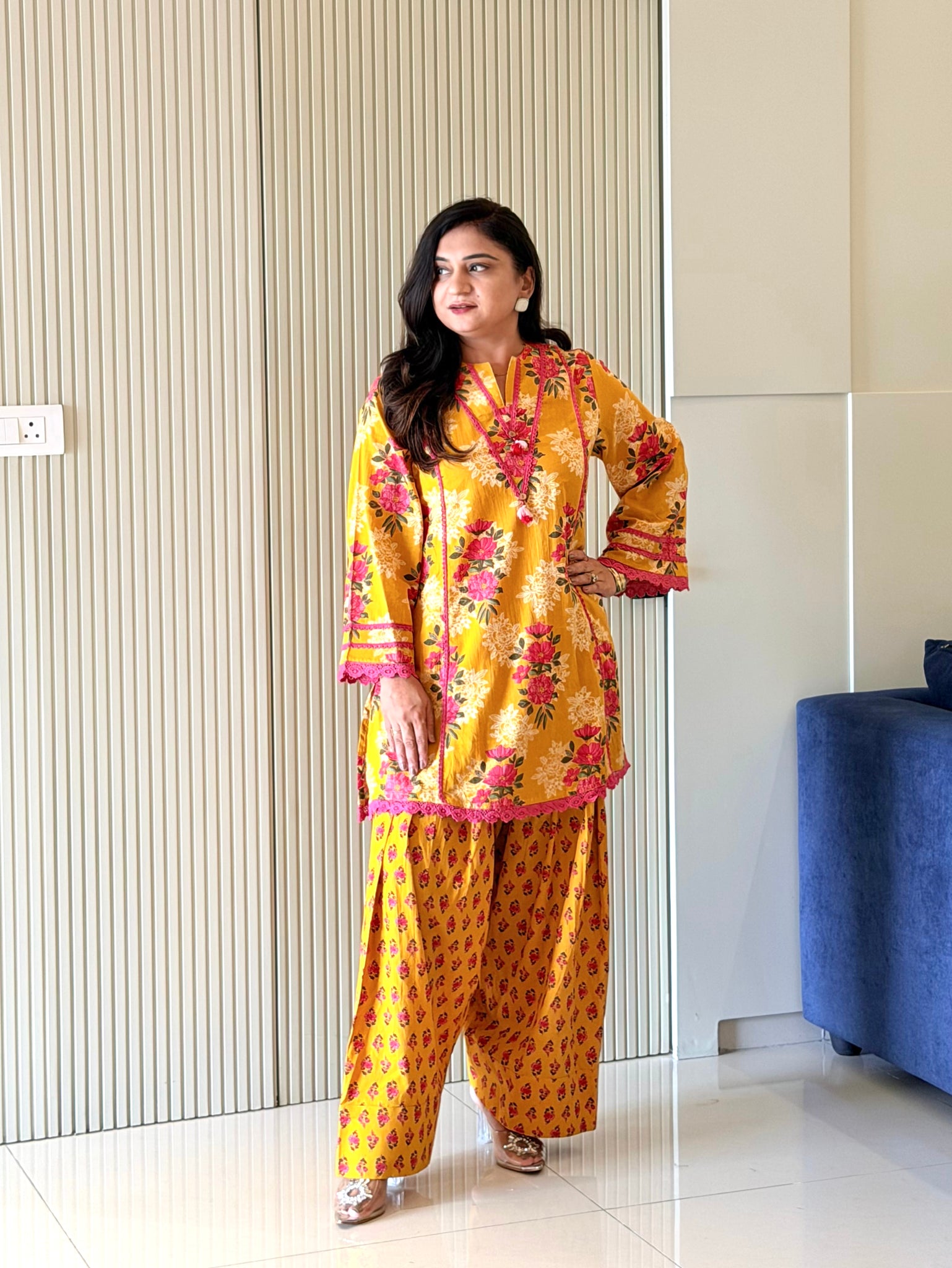 Yellow and mustard kurtas paired with complementary bottoms