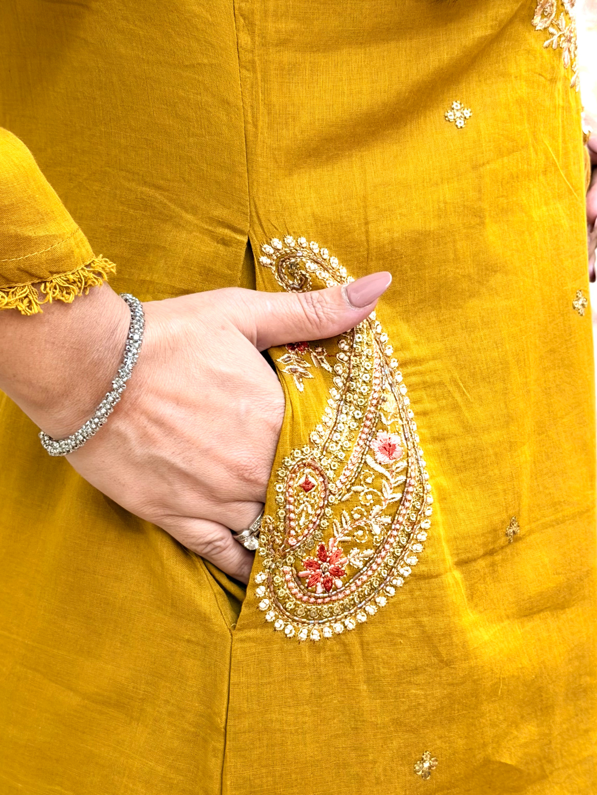 Sufi Mustard Mul Cotton HandEmbroidered A-line Dupatta Set
