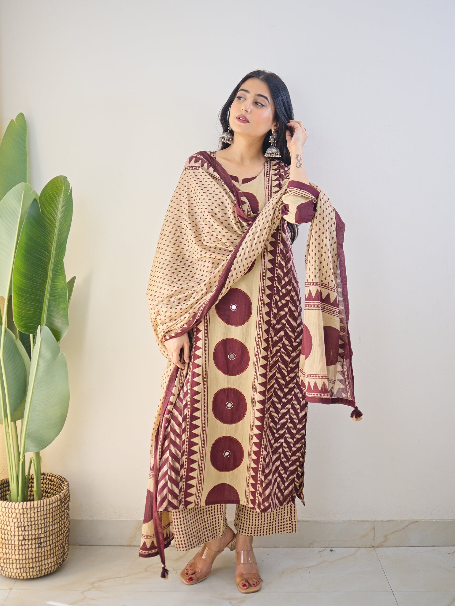 Harshi Wine Cotton Ajrakh Katha Detailed Dupatta Set