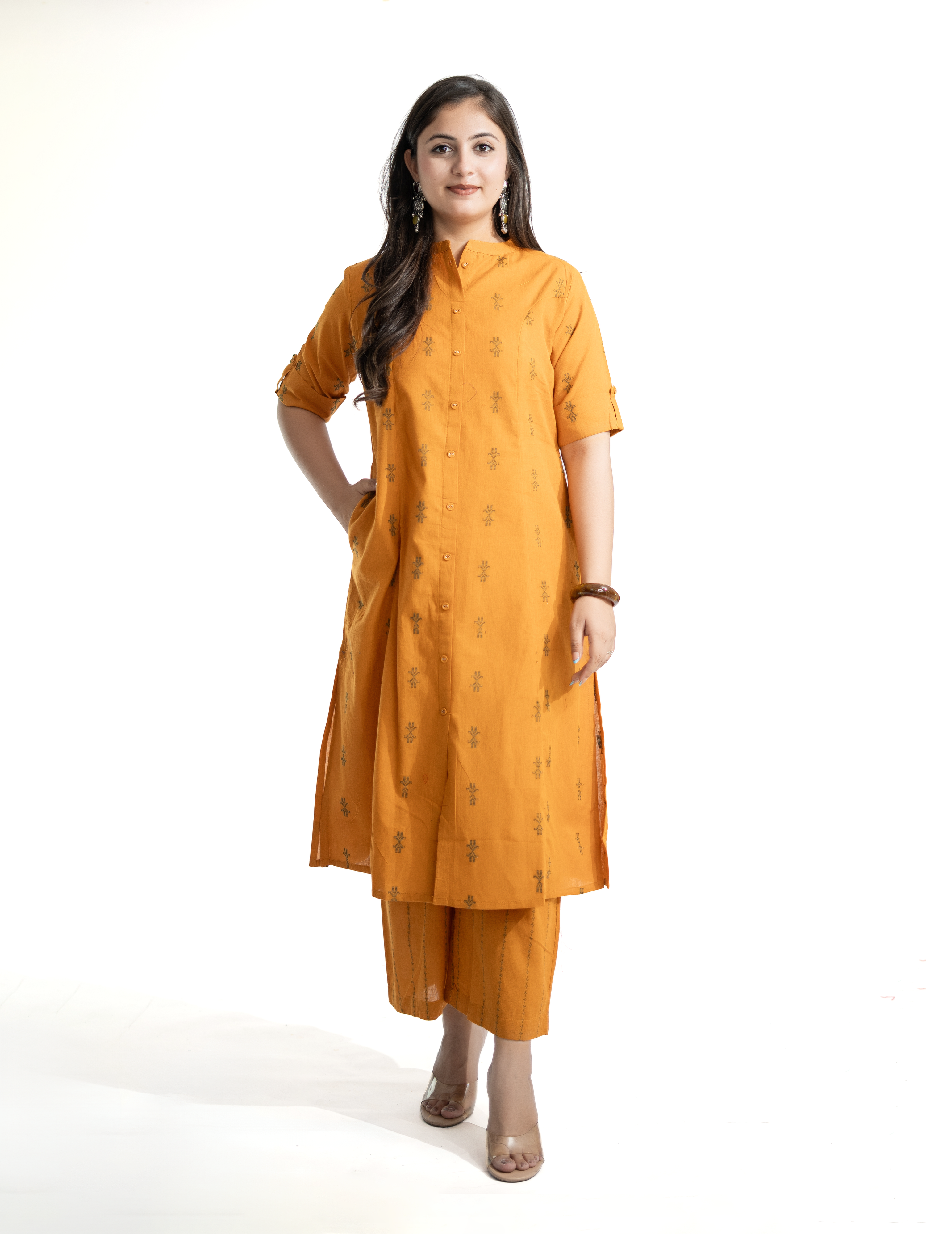 Dravya Mustard Handloom Cotton A-line Kurta Set