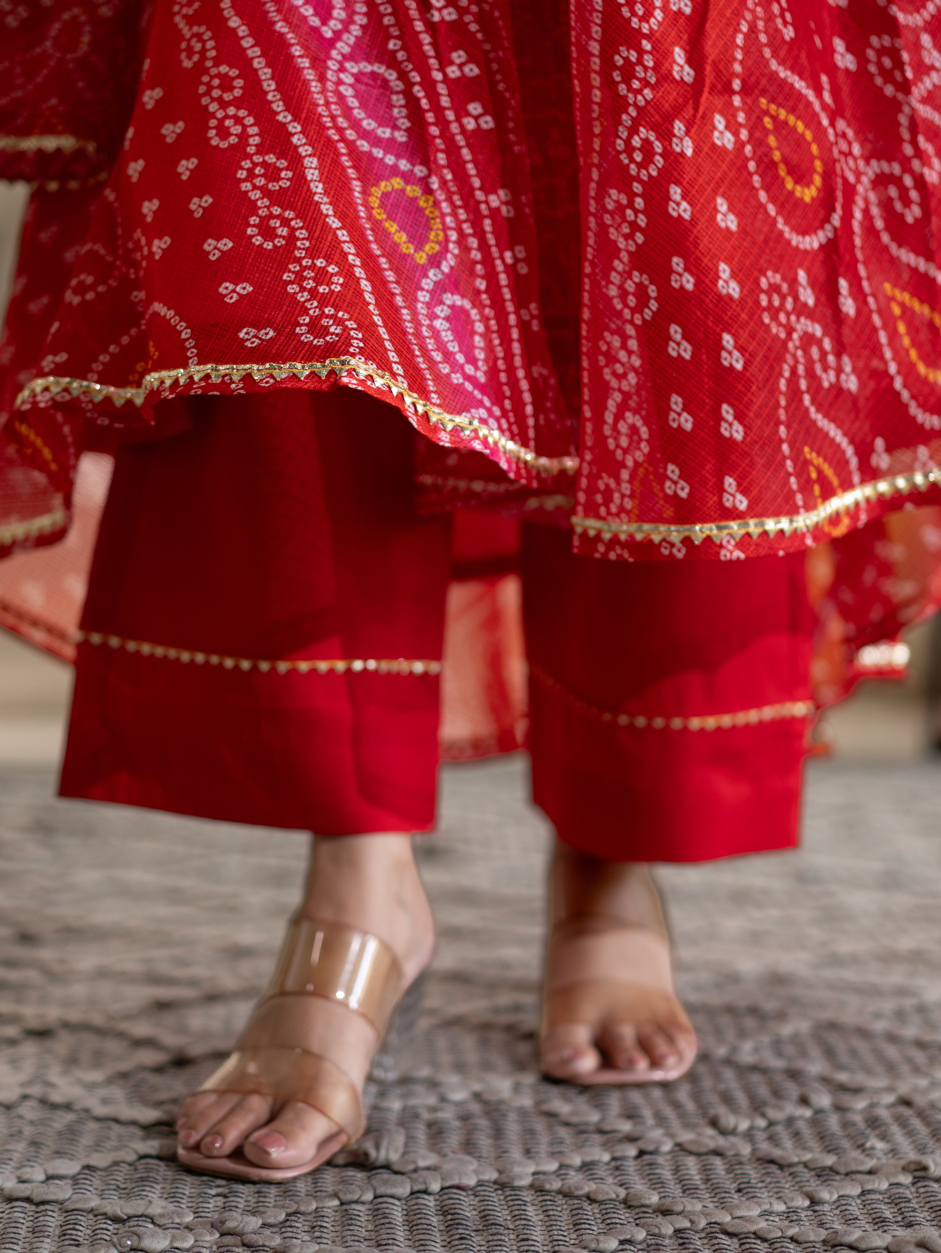 Nitya Red Bandhani Kota Doria Anarkali Dupatta set