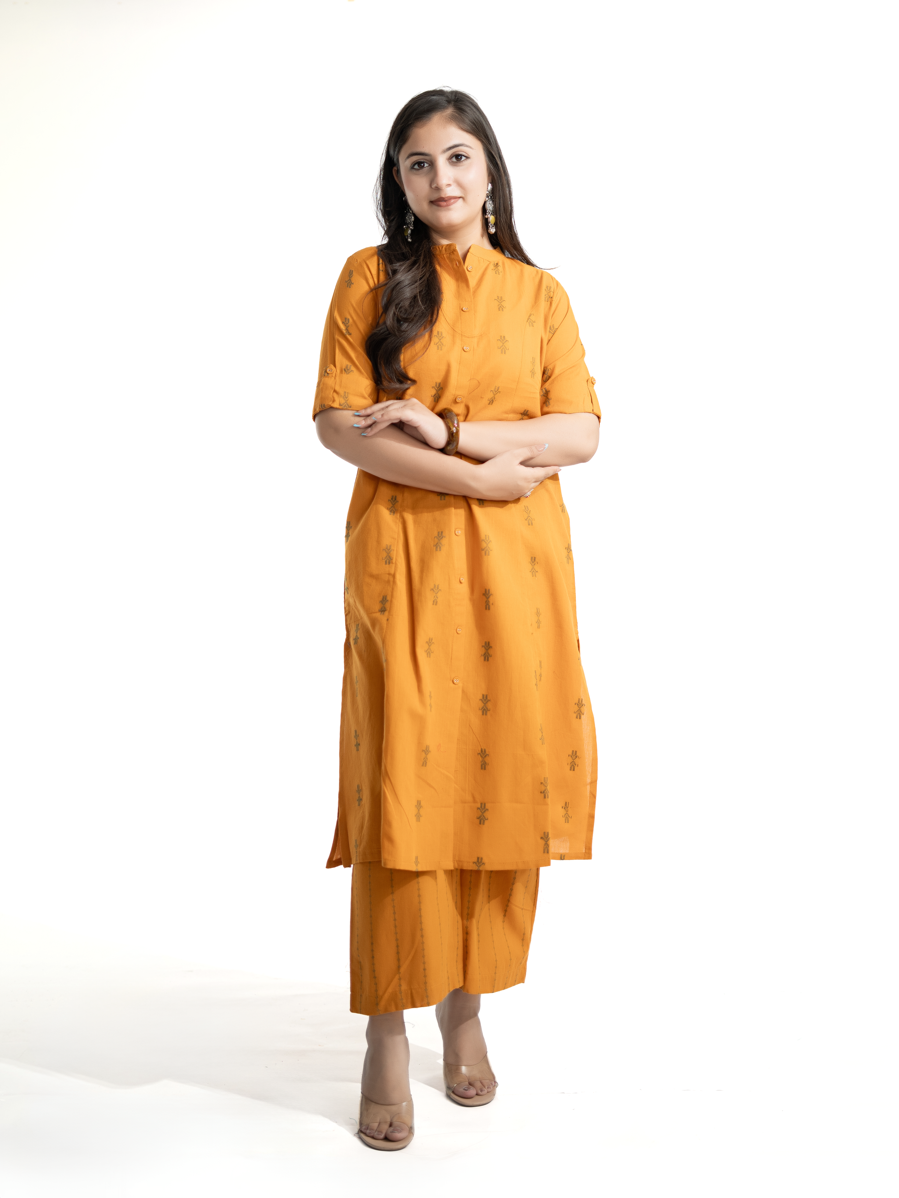 Dravya Mustard Handloom Cotton A-line Kurta Set