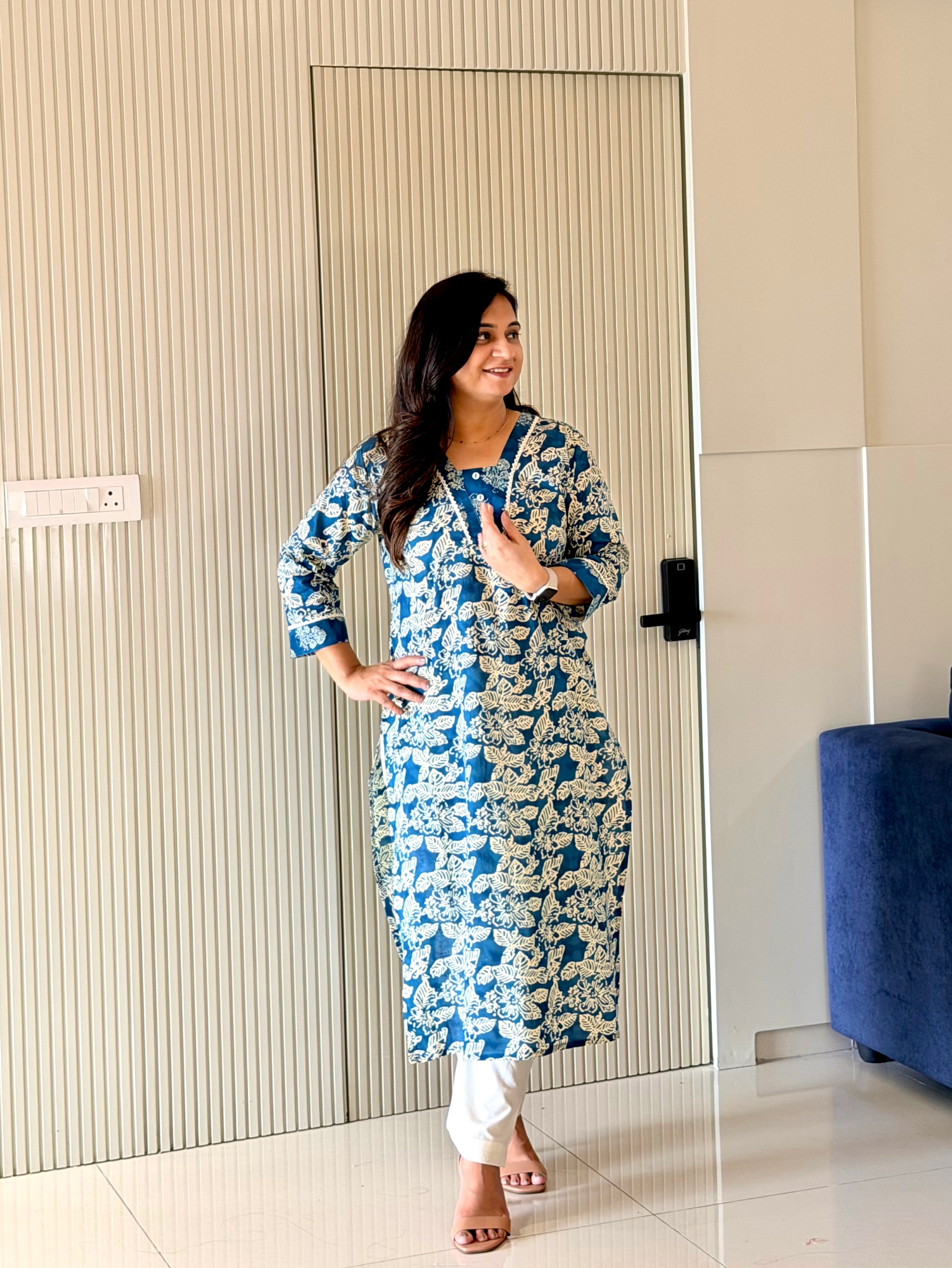 Fariha Cobalt Blue Cotton Floral Casual Straight Kurta