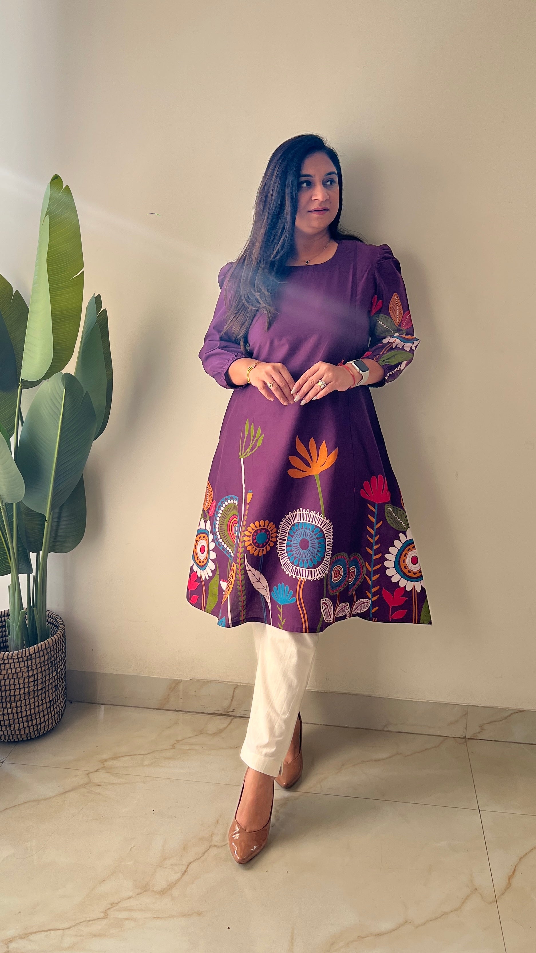 Purple Cotton Floral A-line Kurta