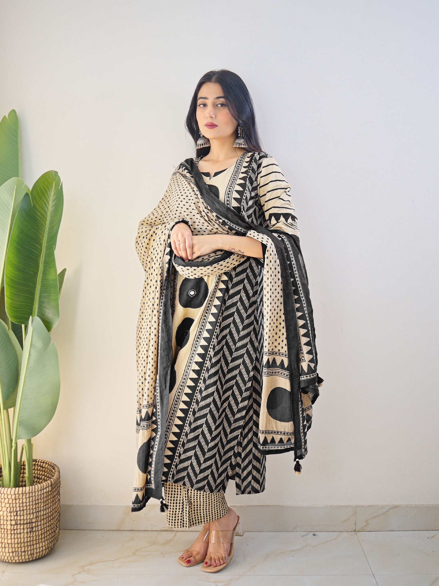 Harshi Black Cotton Ajrakh Katha Detailed Dupatta Set