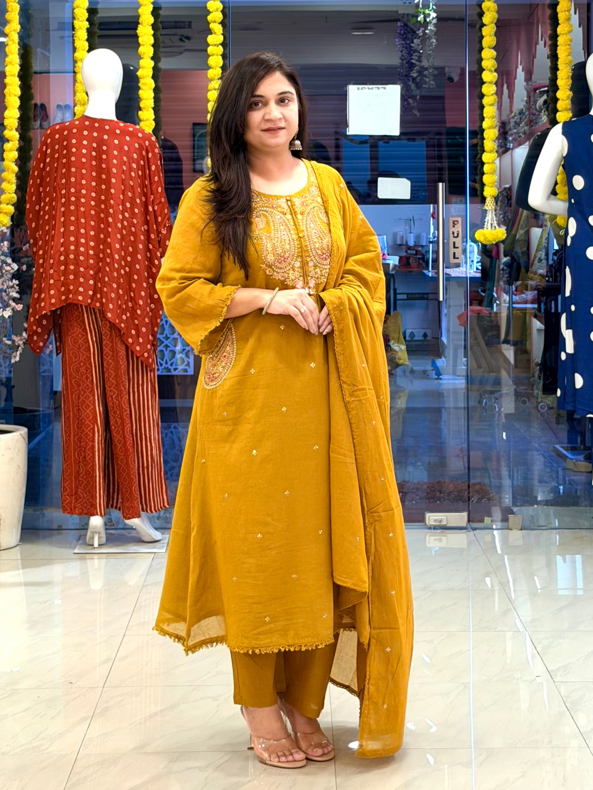 Sufi Mustard Mul Cotton HandEmbroidered A-line Dupatta Set