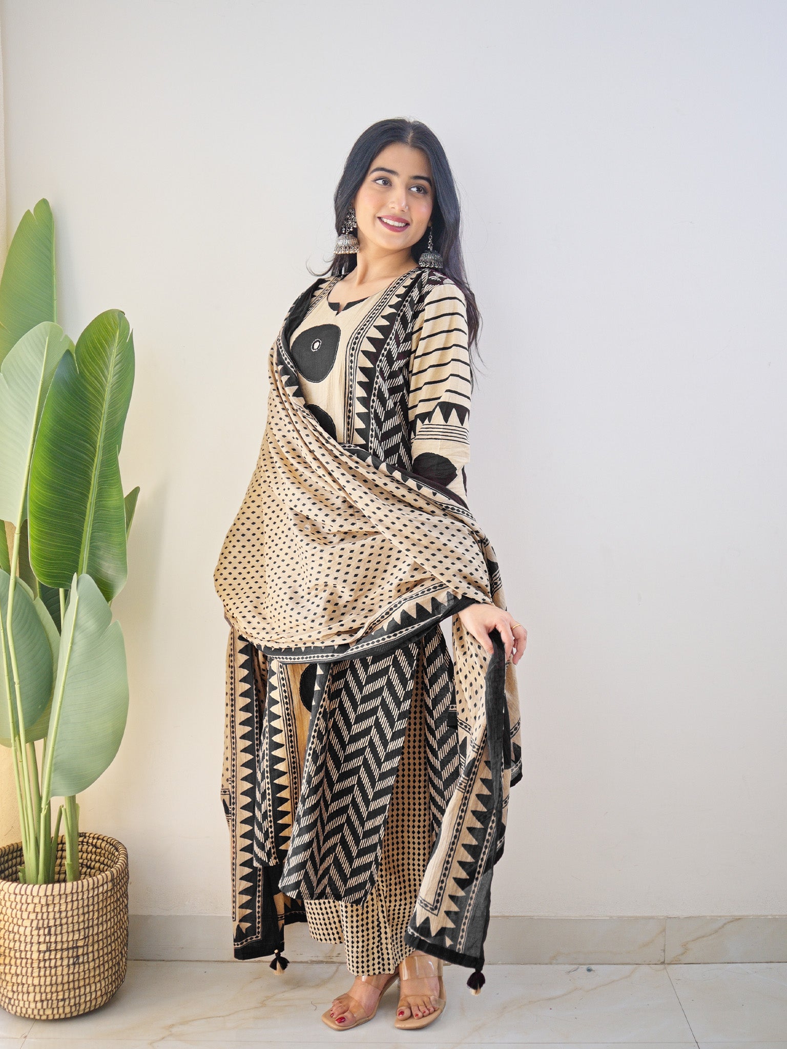 Harshi Black Cotton Ajrakh Katha Detailed Dupatta Set