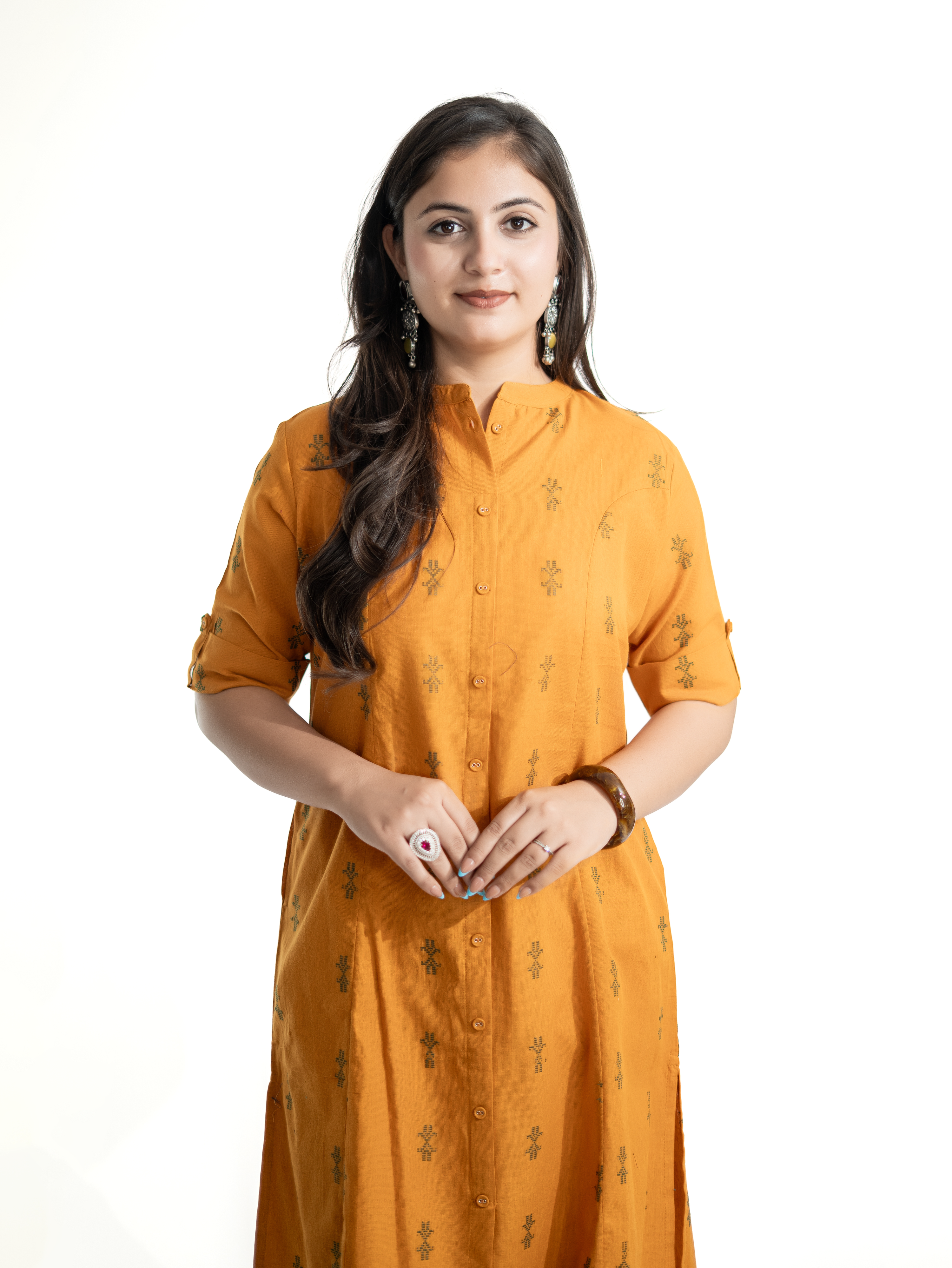 Dravya Mustard Handloom Cotton A-line Kurta Set