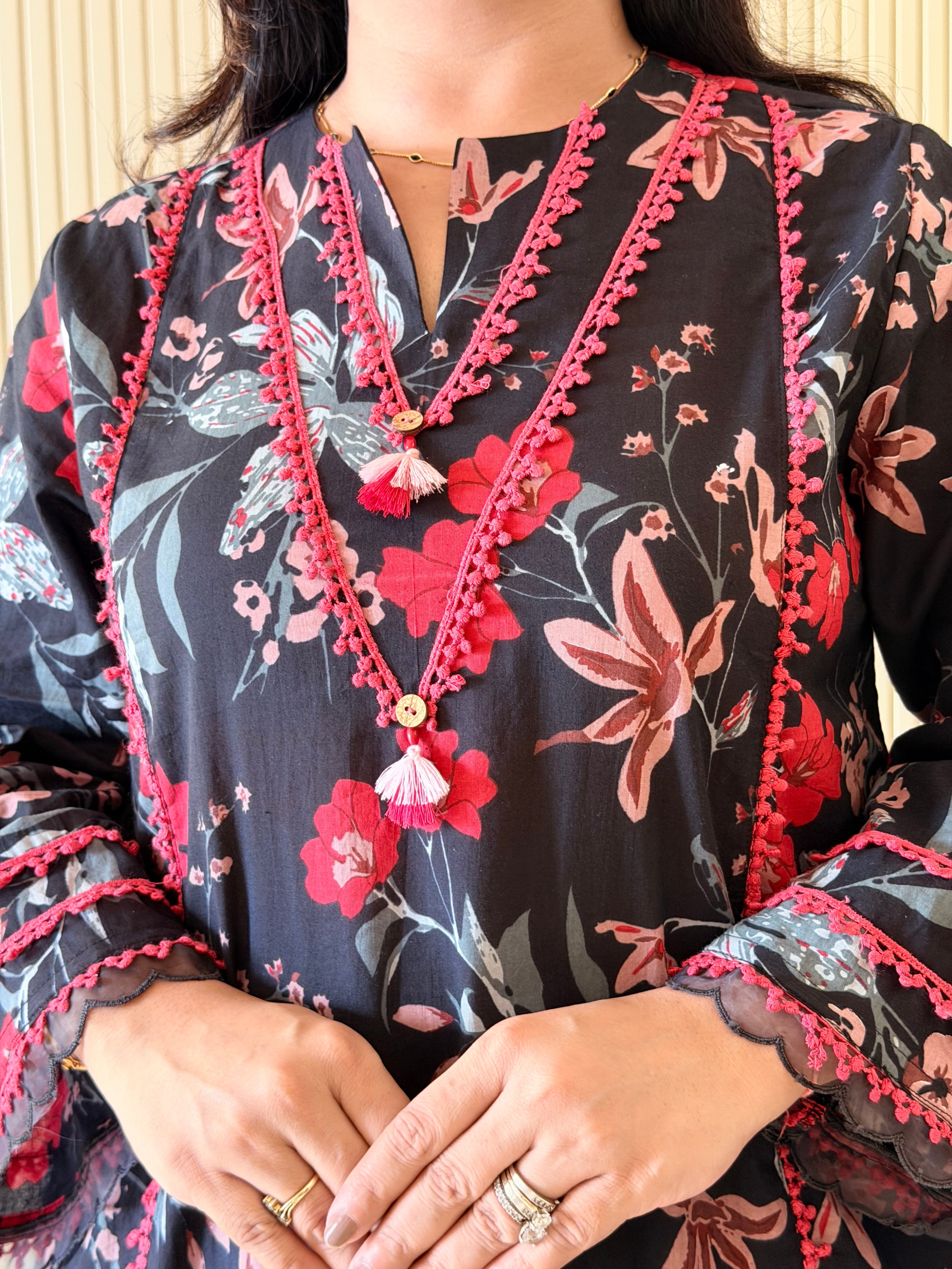 Zubeda Black Cotton Floral A-line Farshi Coord Set