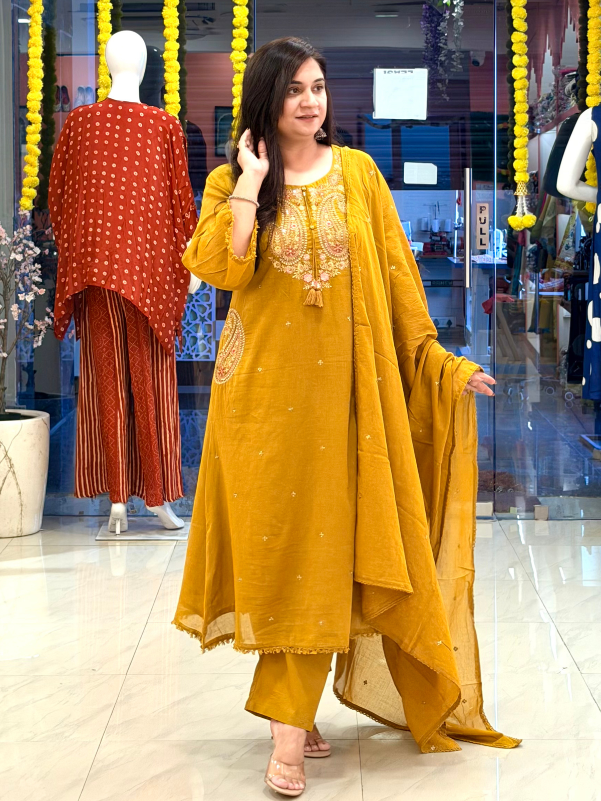 Sufi Mustard Mul Cotton HandEmbroidered A-line Dupatta Set