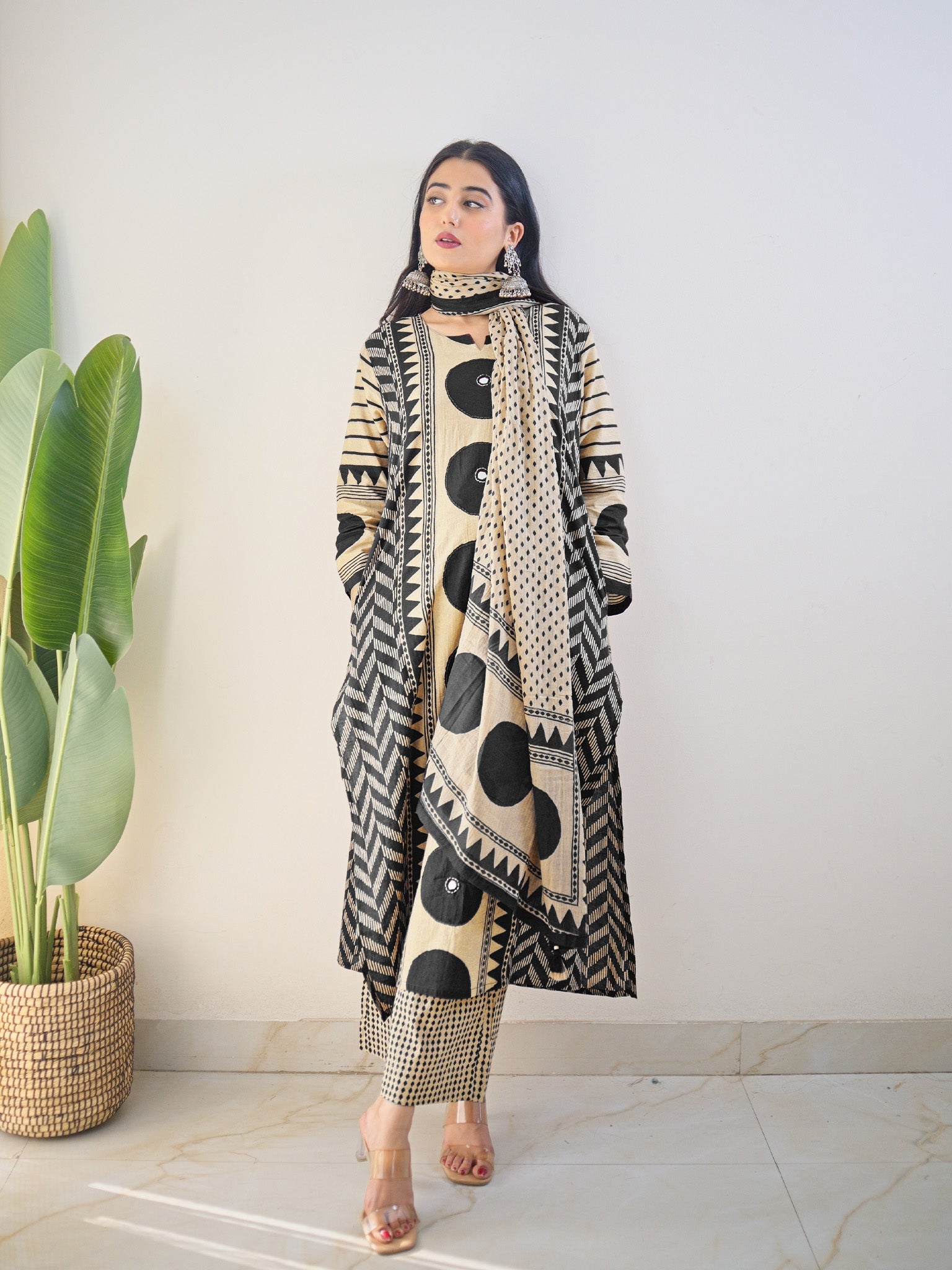 Harshi Black Cotton Ajrakh Katha Detailed Dupatta Set