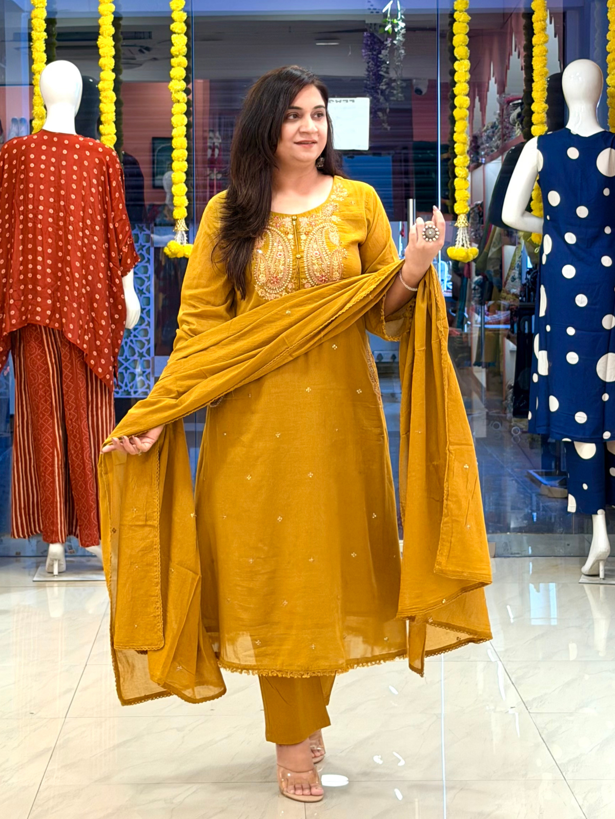 Sufi Mustard Mul Cotton HandEmbroidered A-line Dupatta Set