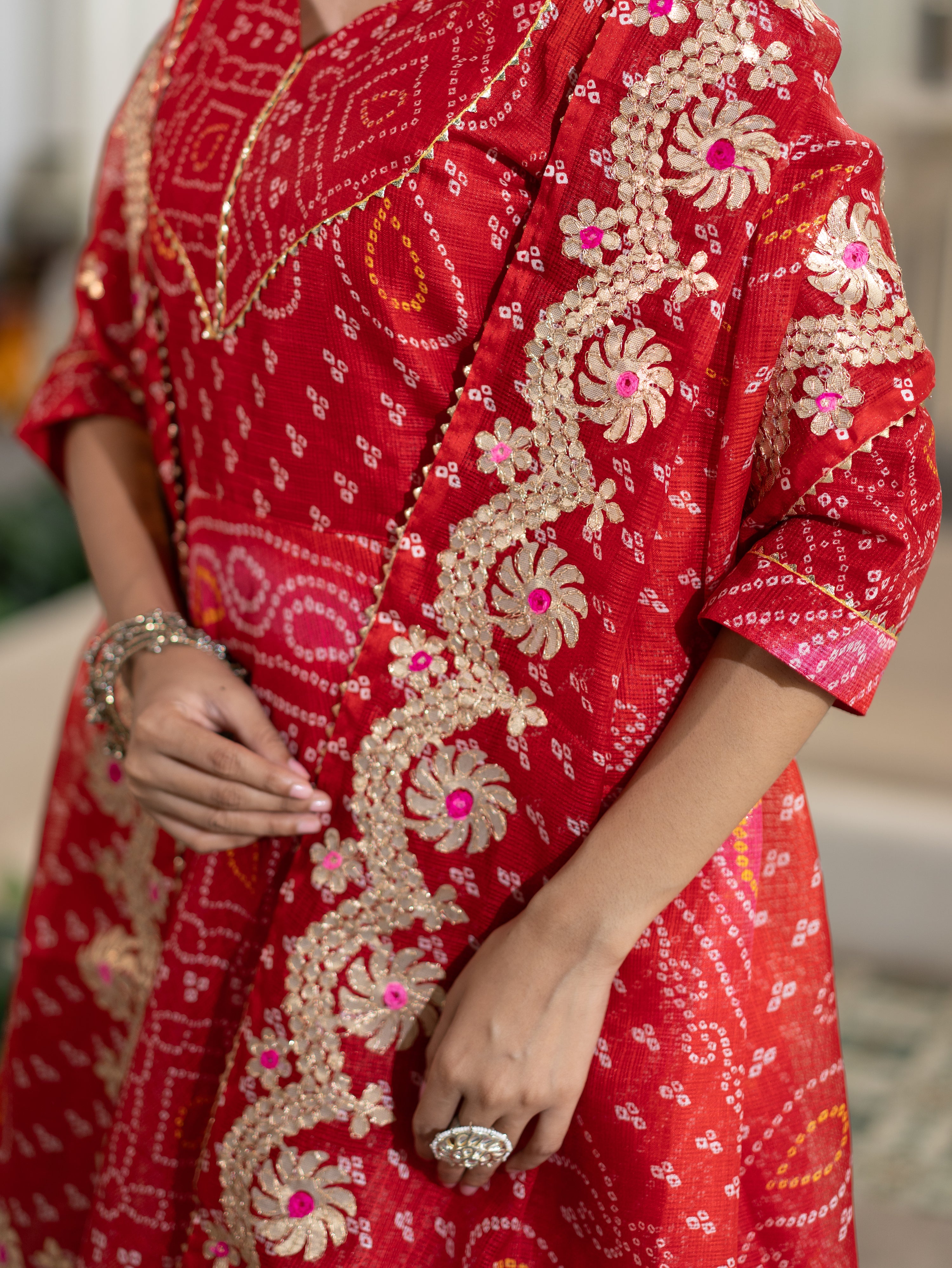 Nitya Red Bandhani Kota Doria Anarkali Dupatta set