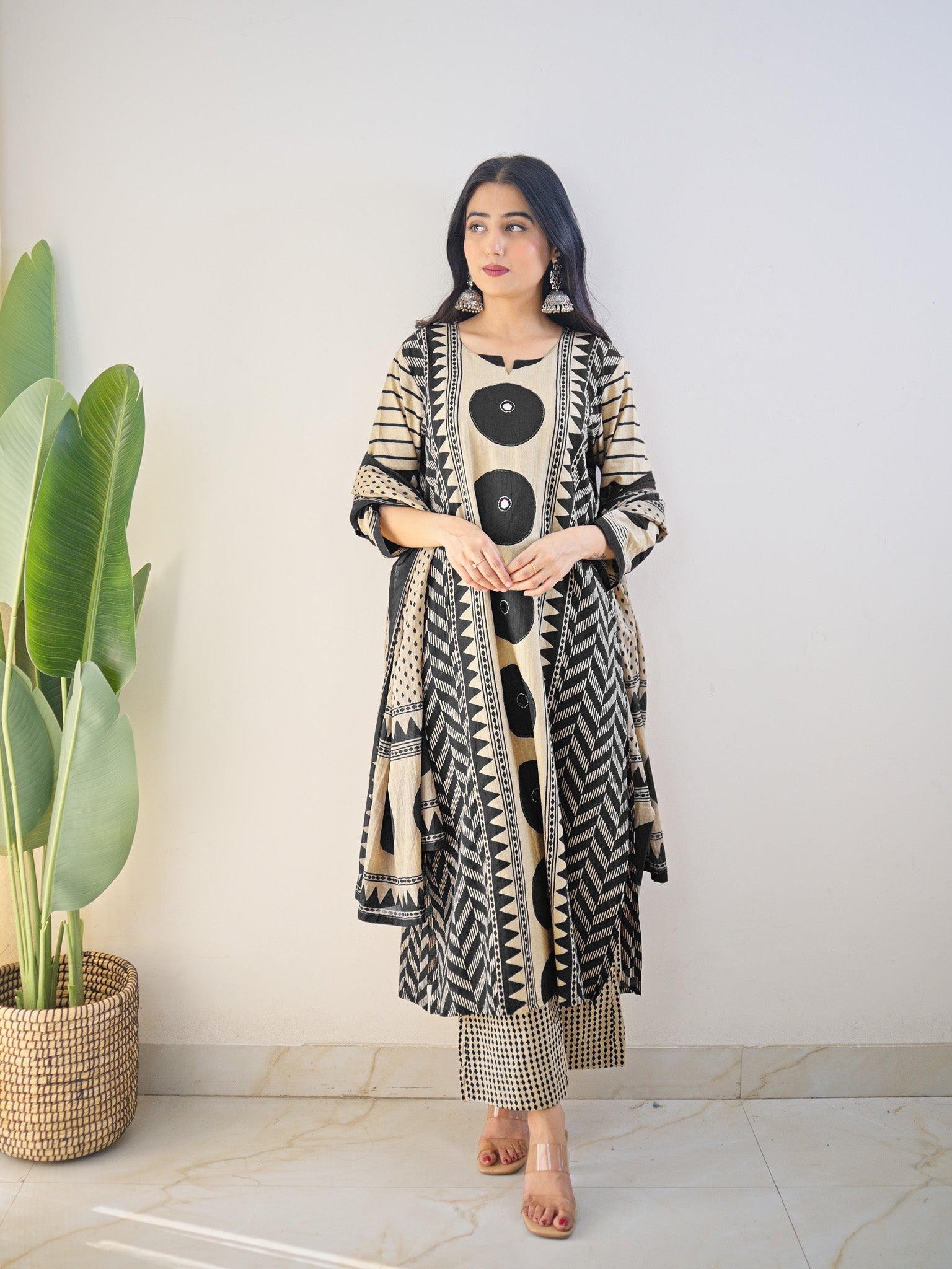 Harshi Black Cotton Ajrakh Katha Detailed Dupatta Set