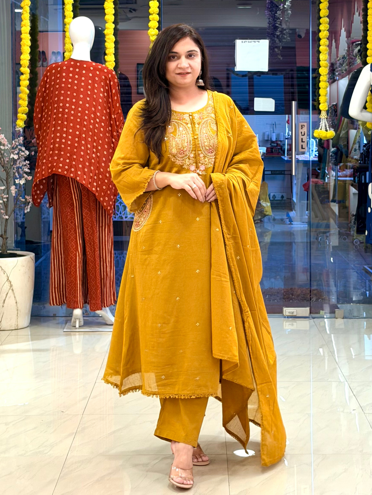 Sufi Mustard Mul Cotton HandEmbroidered A-line Dupatta Set