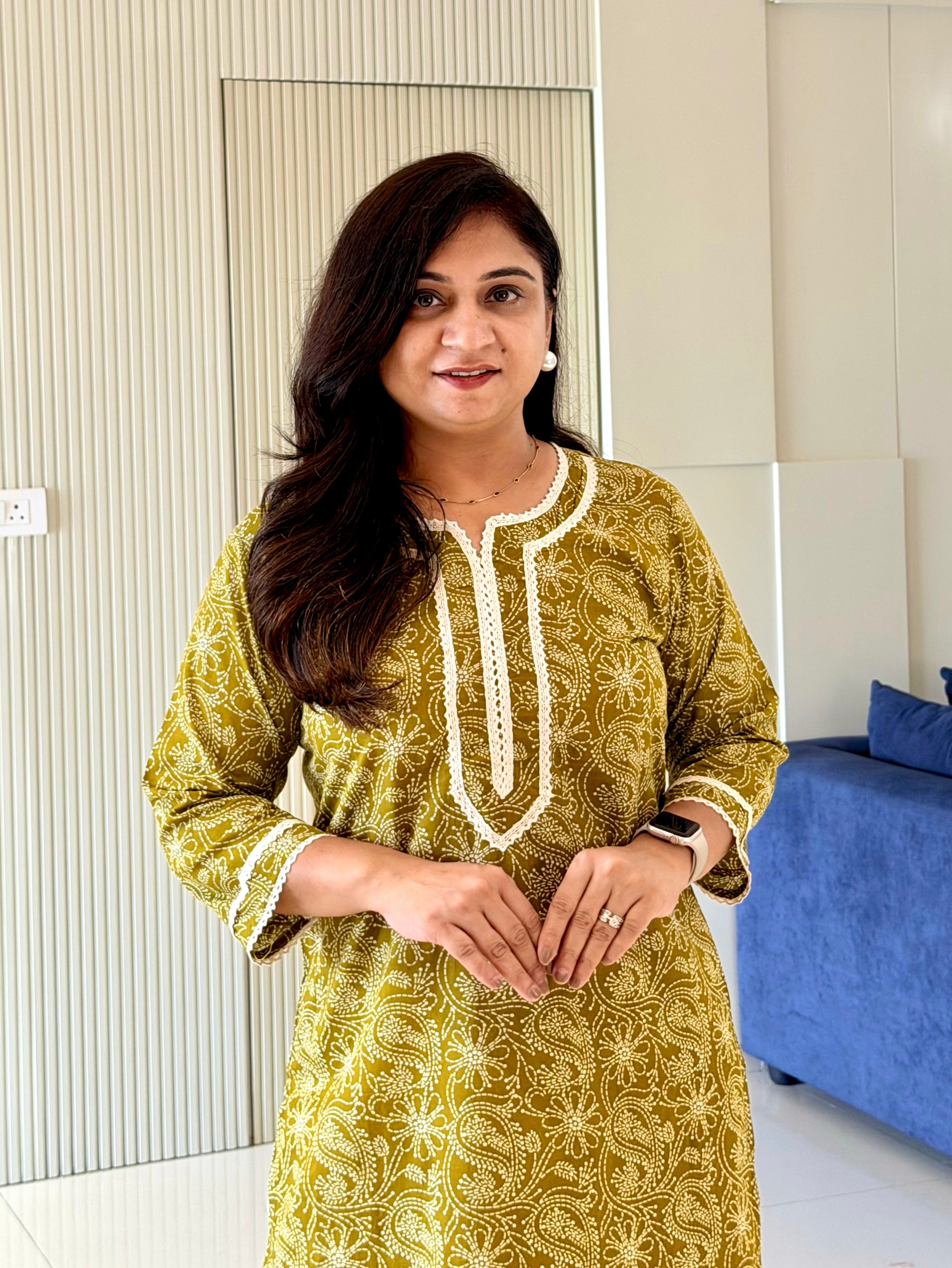 Fariha Green Cotton Floral Casual Straight Kurta
