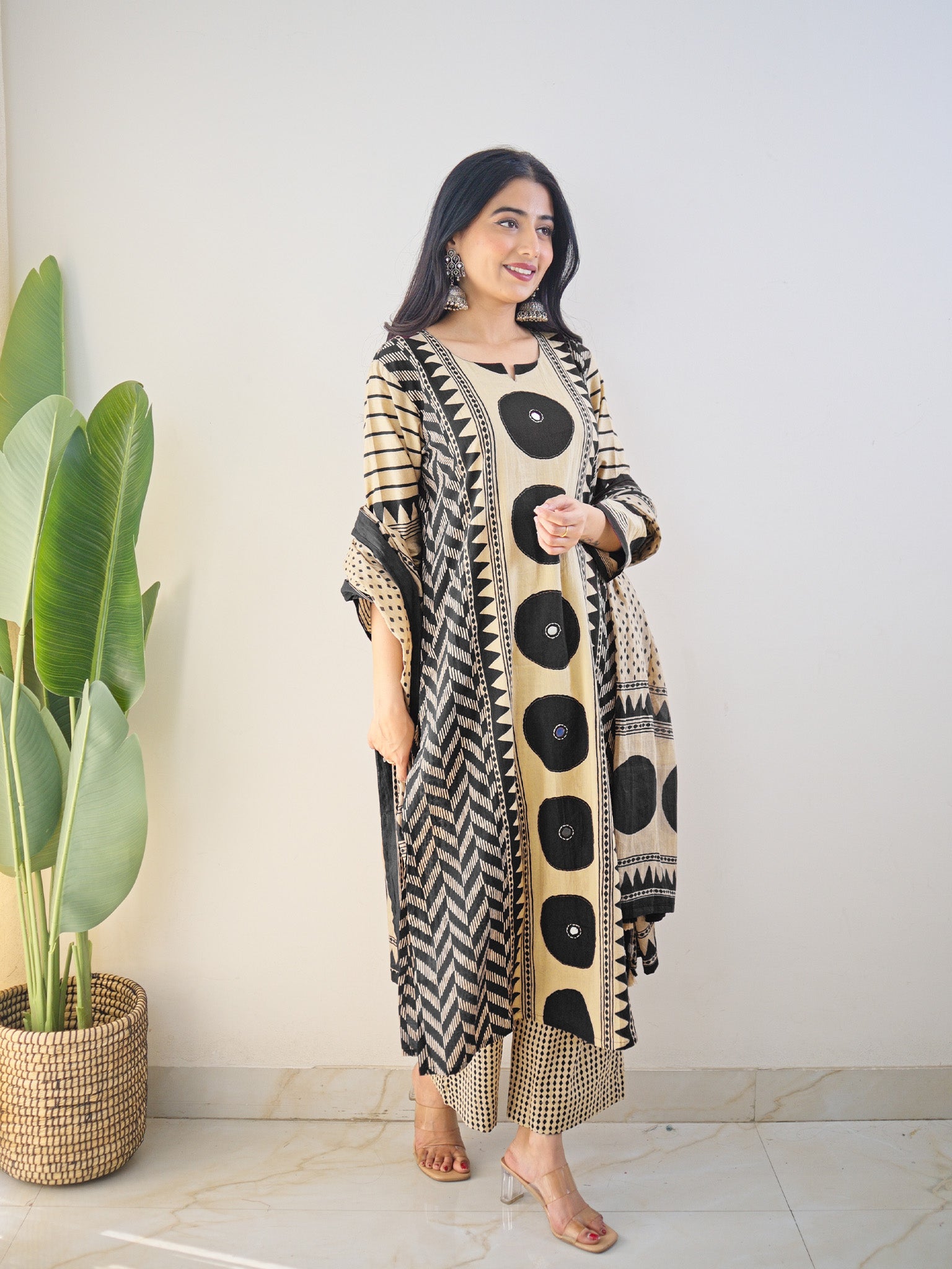 Harshi Black Cotton Ajrakh Katha Detailed Dupatta Set