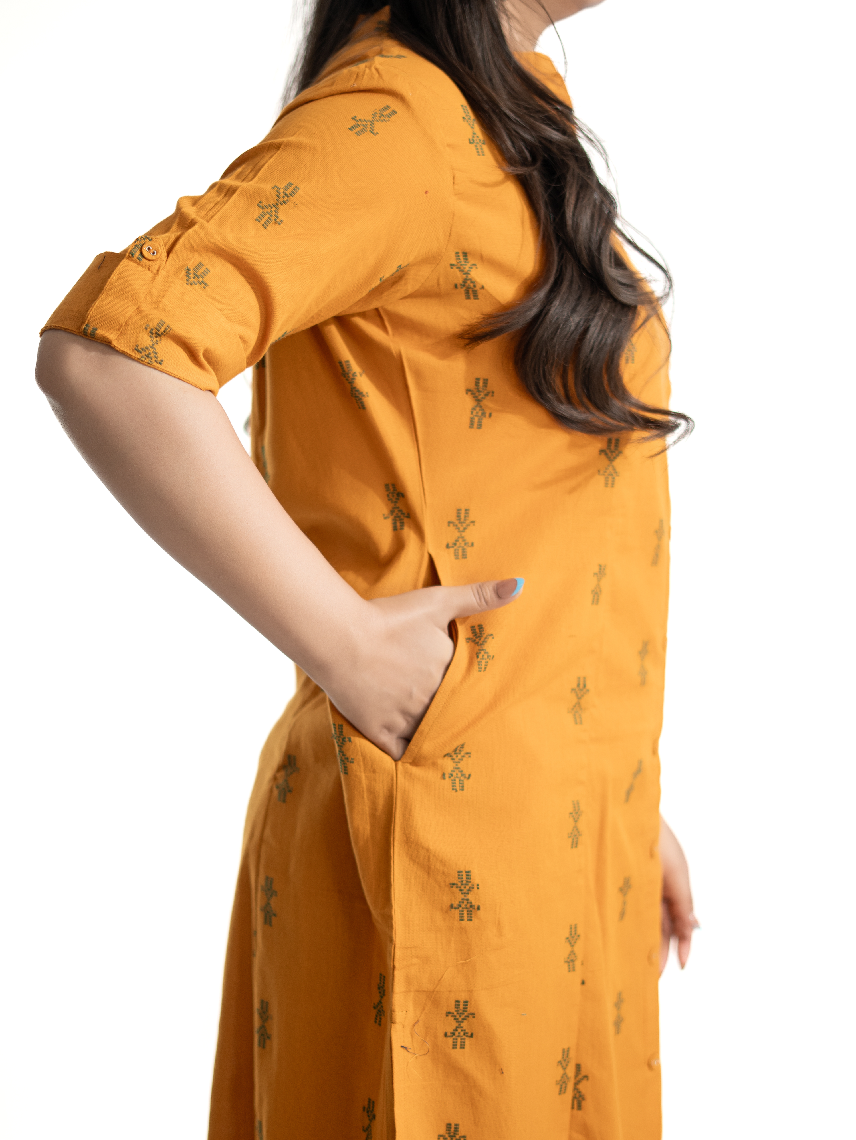Dravya Mustard Handloom Cotton A-line Kurta Set