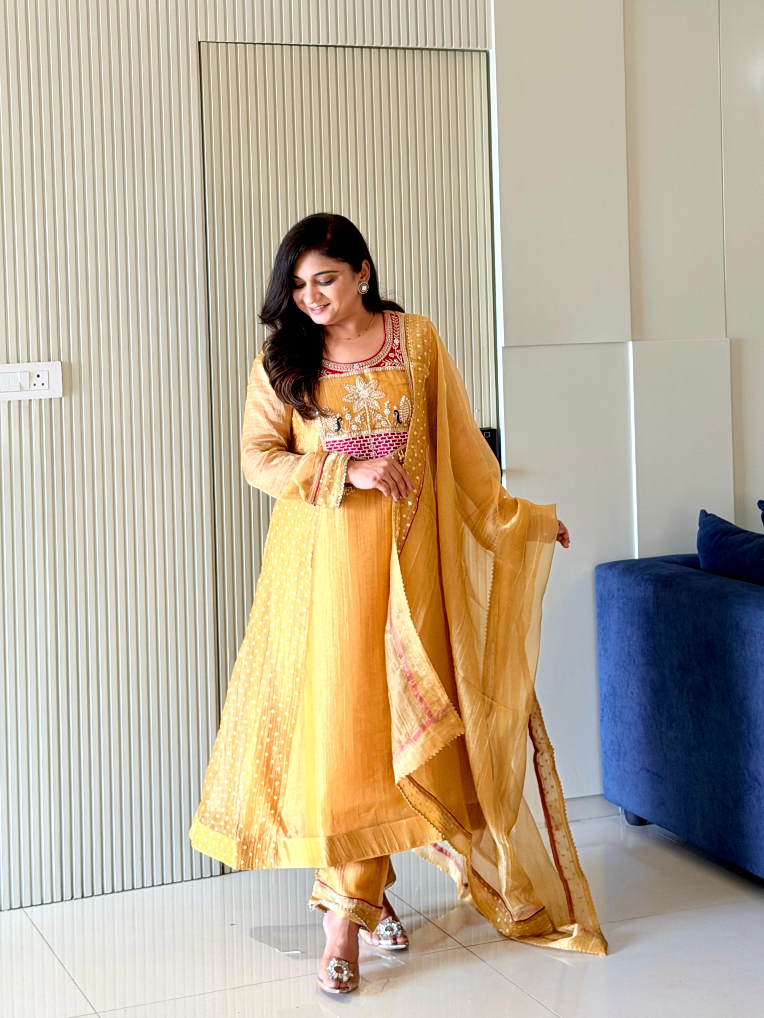 Rehana Yellow Shimmer Tissue Embroidered Anarkali Dupatta Set